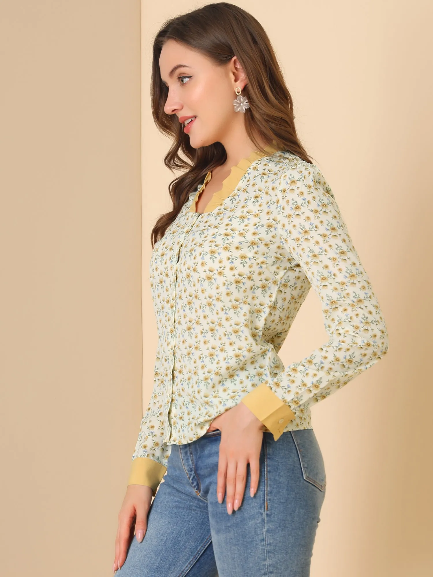 V Neck Ruffle Contrast Collar Long Sleeve Button Front Floral Shirt sold by Allegra K product image thumbnail 5