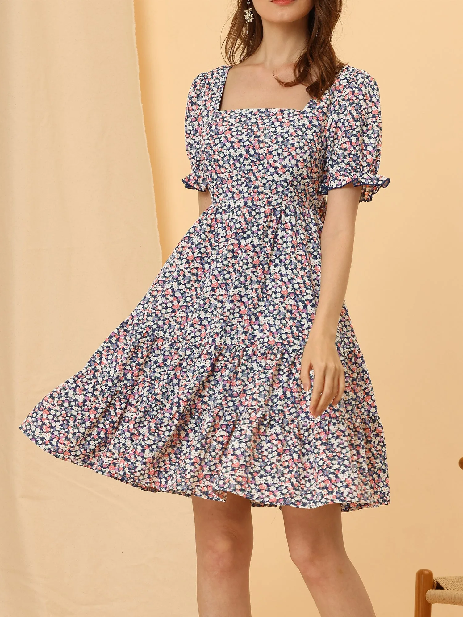 Floral Tie Back Summer Square Neck Ruffle Sleeve Mini A-Line Dress sold by Allegra K product image thumbnail 3