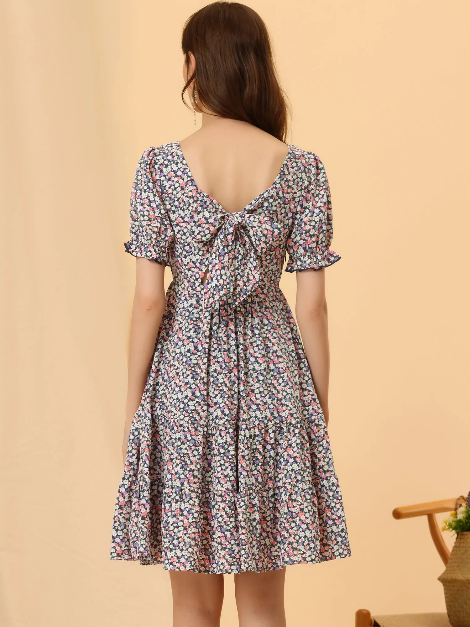 Floral Tie Back Summer Square Neck Ruffle Sleeve Mini A-Line Dress sold by Allegra K product image thumbnail 2