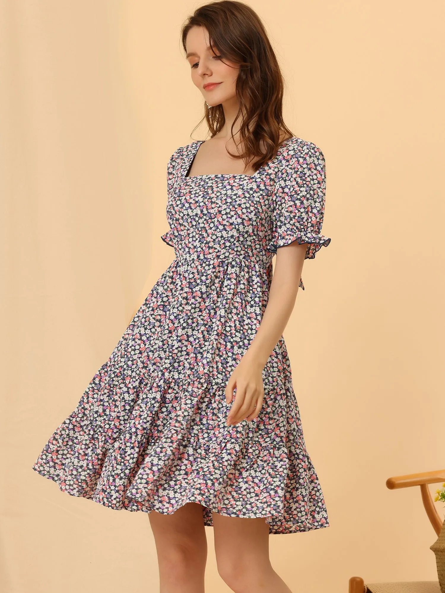 Floral Tie Back Summer Square Neck Ruffle Sleeve Mini A-Line Dress sold by Allegra K