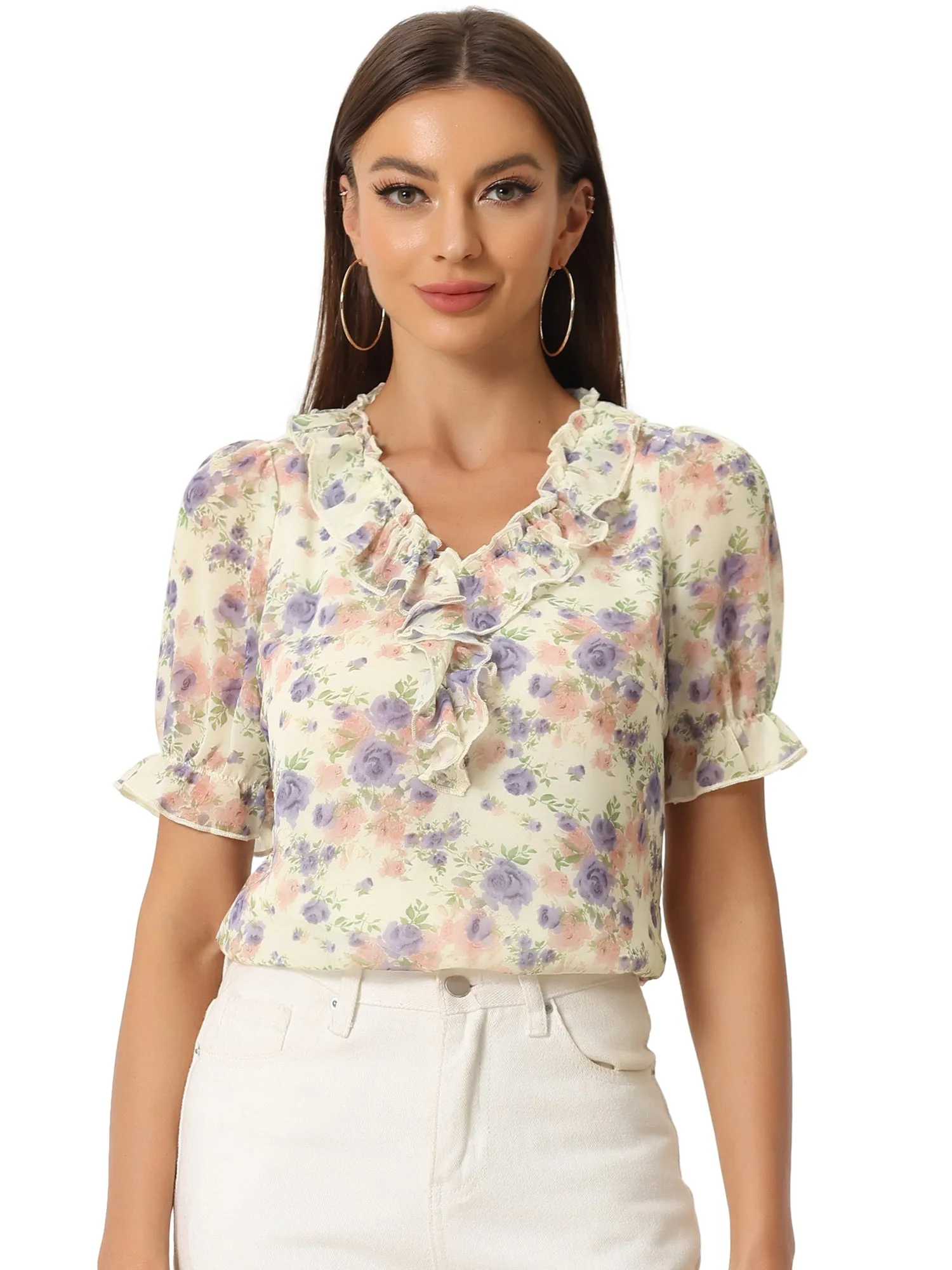 Floral Blouse Ruffle V Neck Puff Short Sleeve Top sold by Allegra K product image thumbnail 5