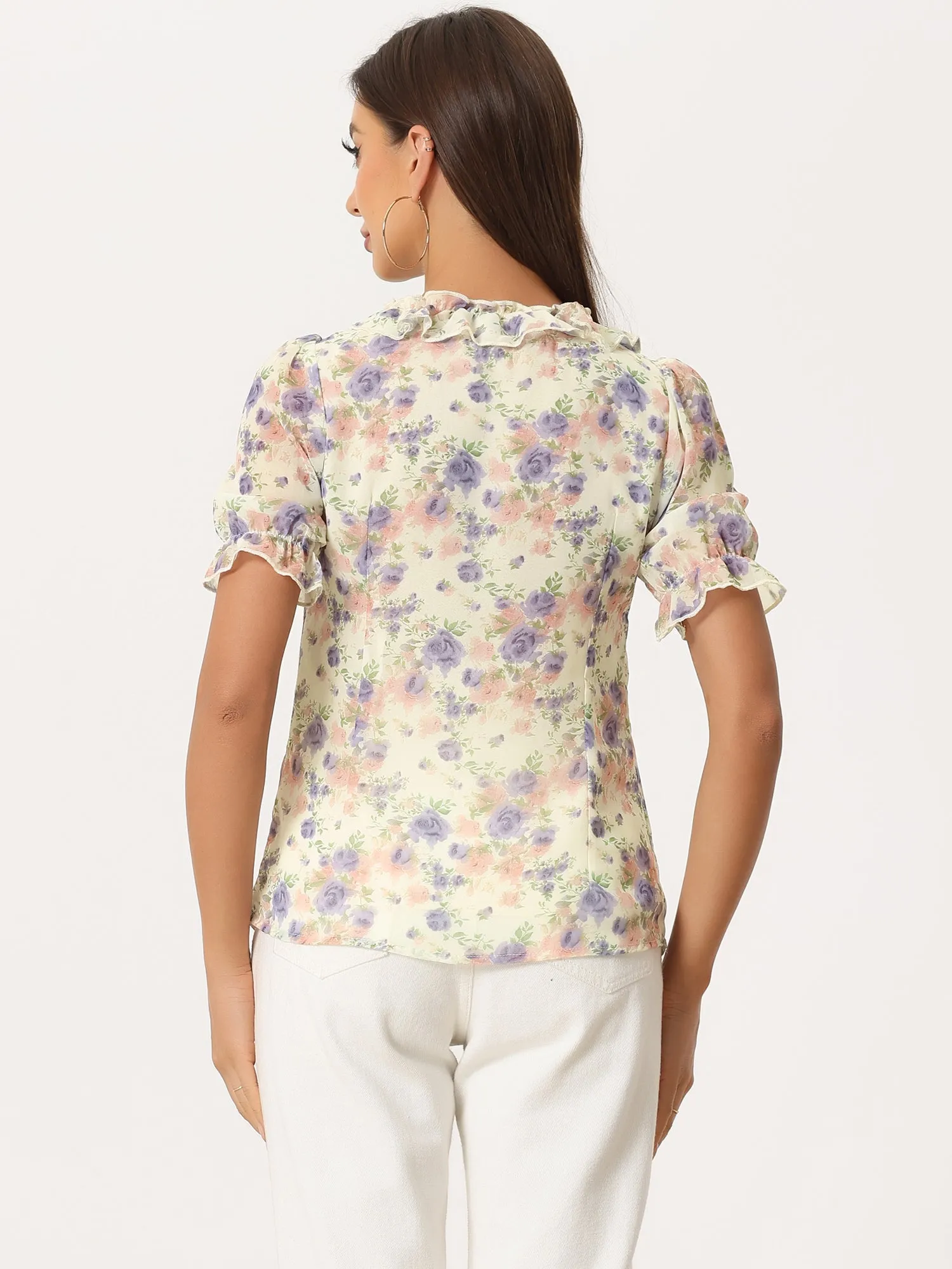 Floral Blouse Ruffle V Neck Puff Short Sleeve Top sold by Allegra K product image thumbnail 2