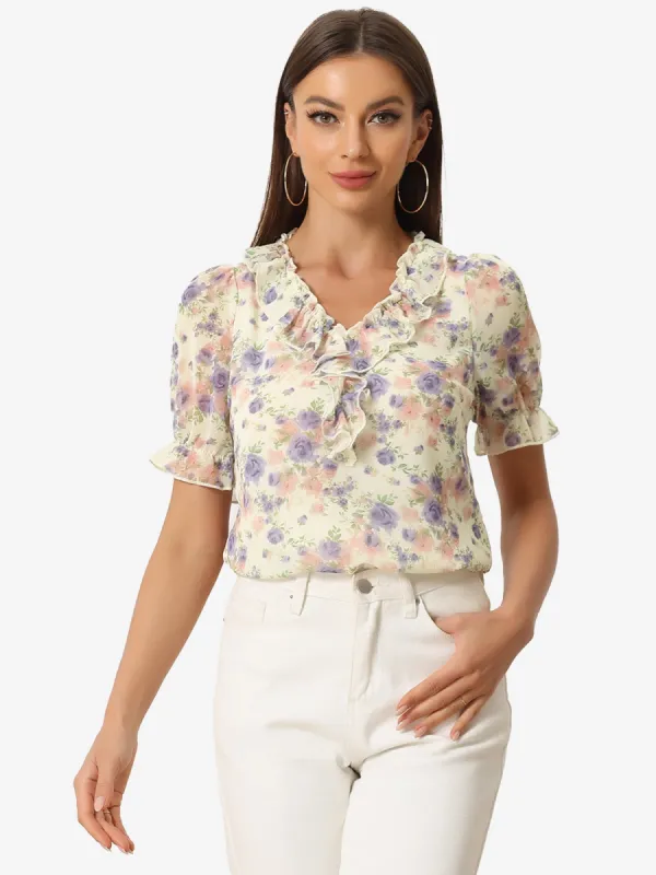 Floral Blouse Ruffle V Neck Puff Short Sleeve Top sold by Allegra K