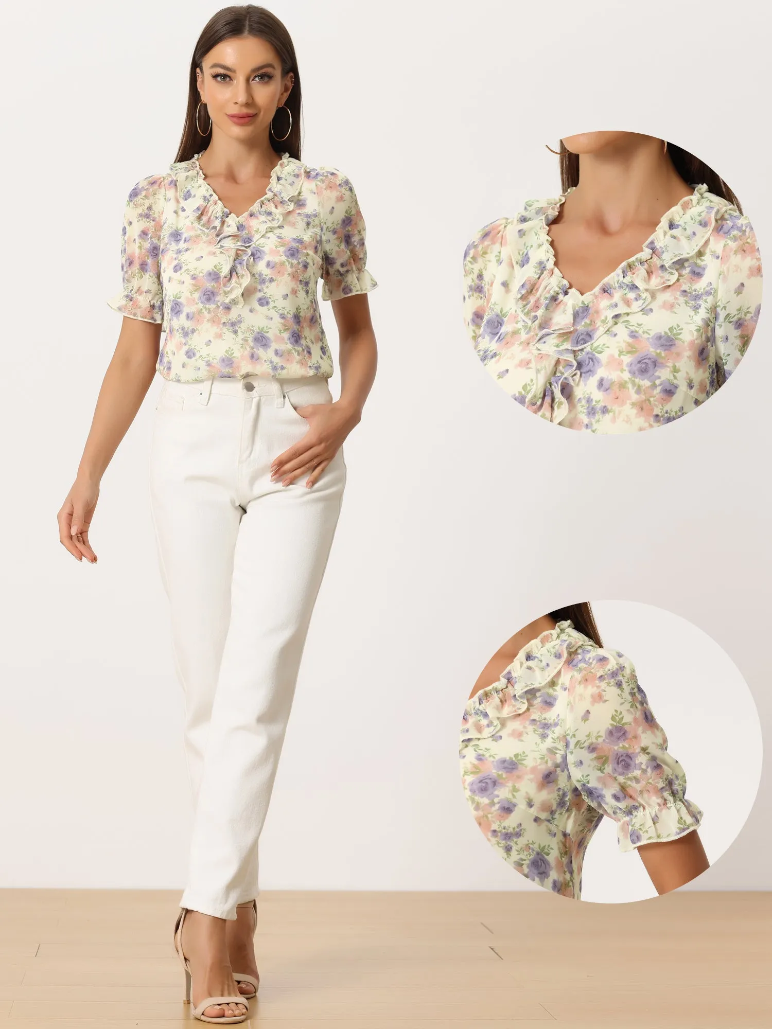Floral Blouse Ruffle V Neck Puff Short Sleeve Top sold by Allegra K product image thumbnail 4