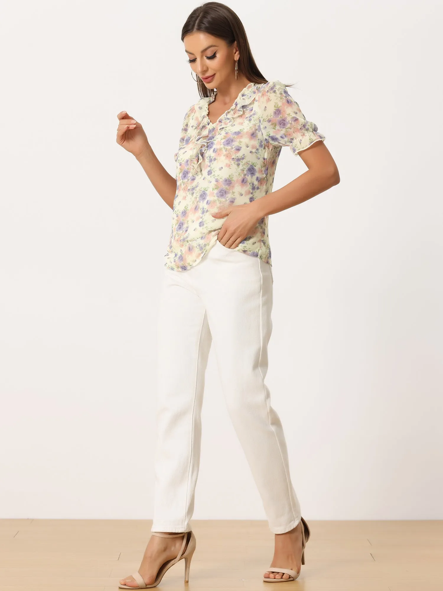 Floral Blouse Ruffle V Neck Puff Short Sleeve Top sold by Allegra K product image thumbnail 3