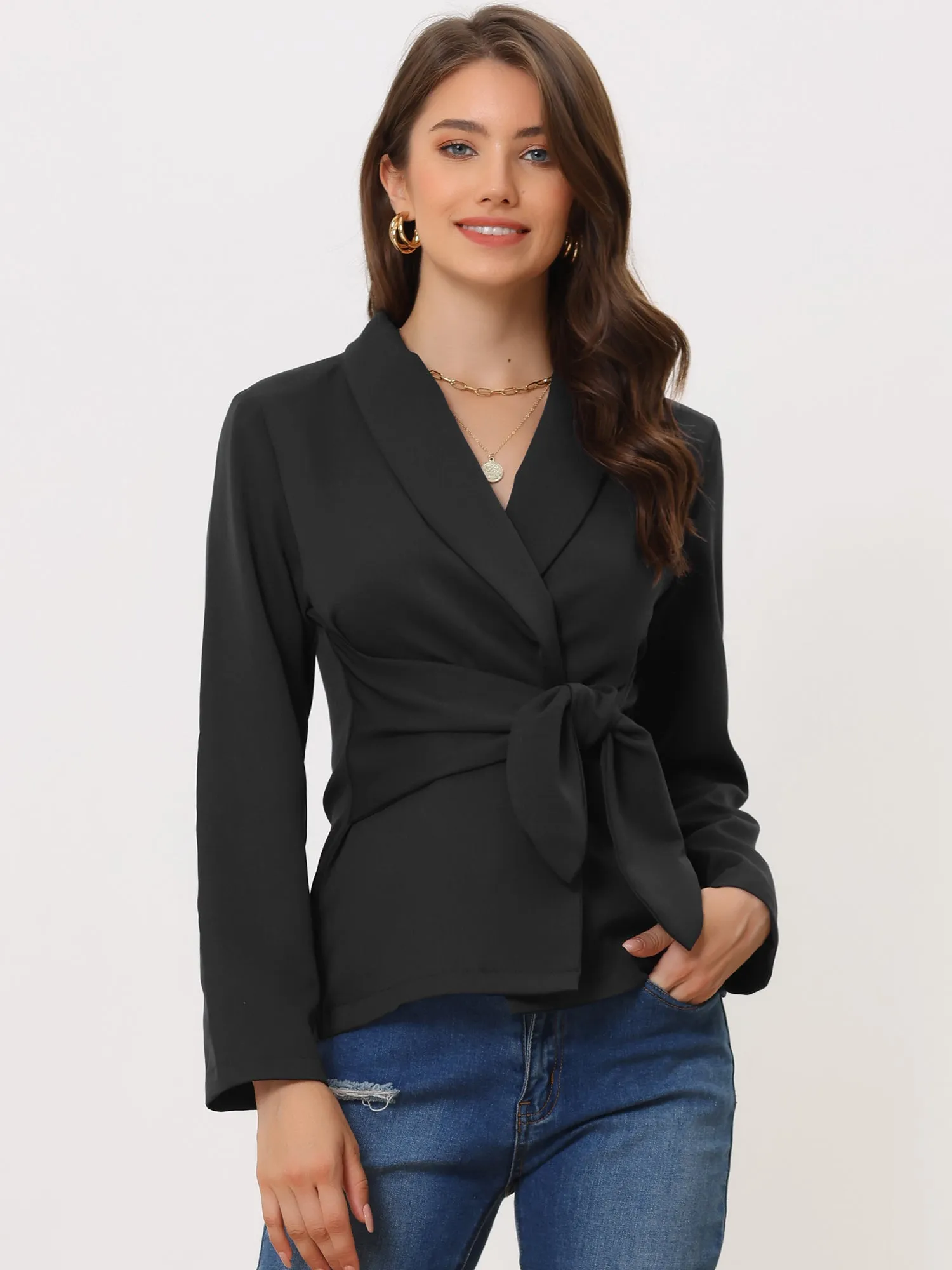 Elegant Self Tie Knot Collared Dressy Long Sleeve Blazer Top sold by Allegra K