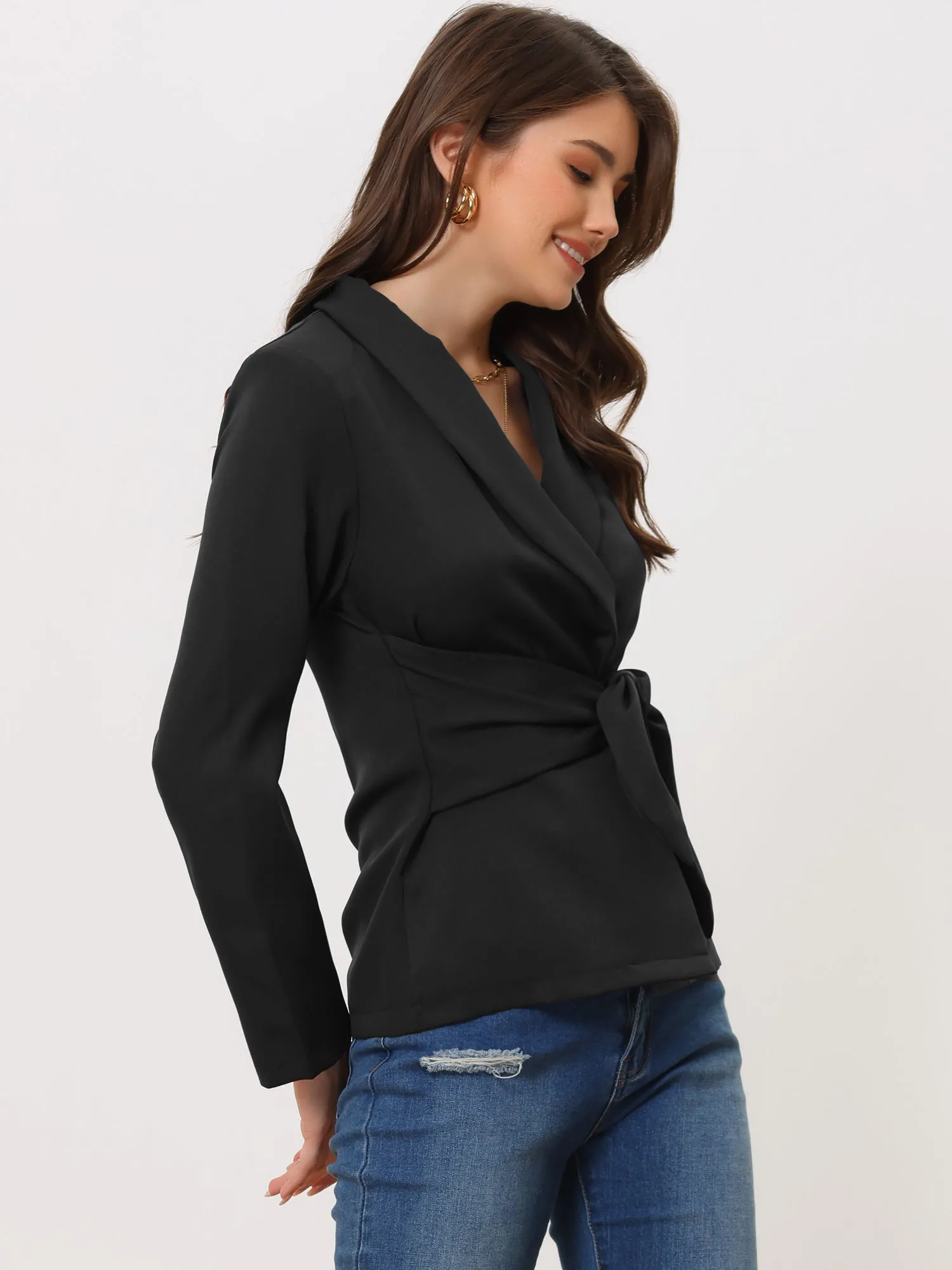 Elegant Self Tie Knot Collared Dressy Long Sleeve Blazer Top sold by Allegra K product image thumbnail 2