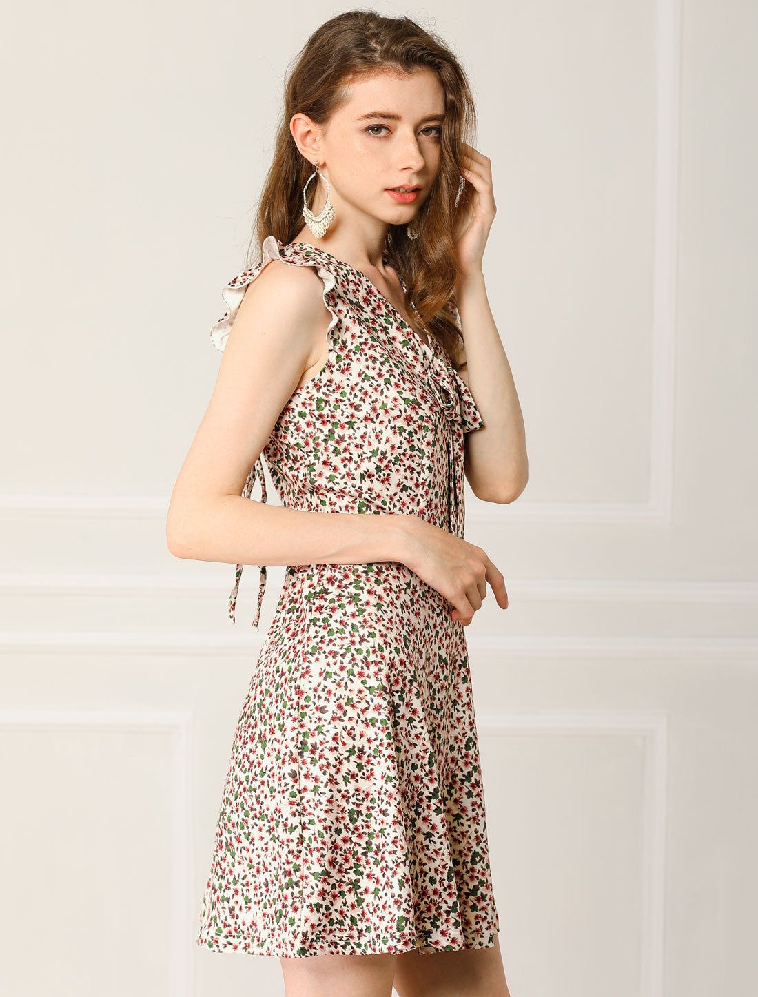 Floral Ruffle V Neck Sleeveless Tie Back Summer Dress sold by Allegra K