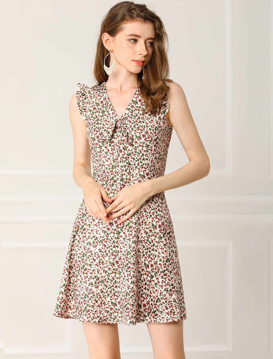 Floral Ruffle V Neck Sleeveless Tie Back Summer Dress sold by Allegra K product image thumbnail 5