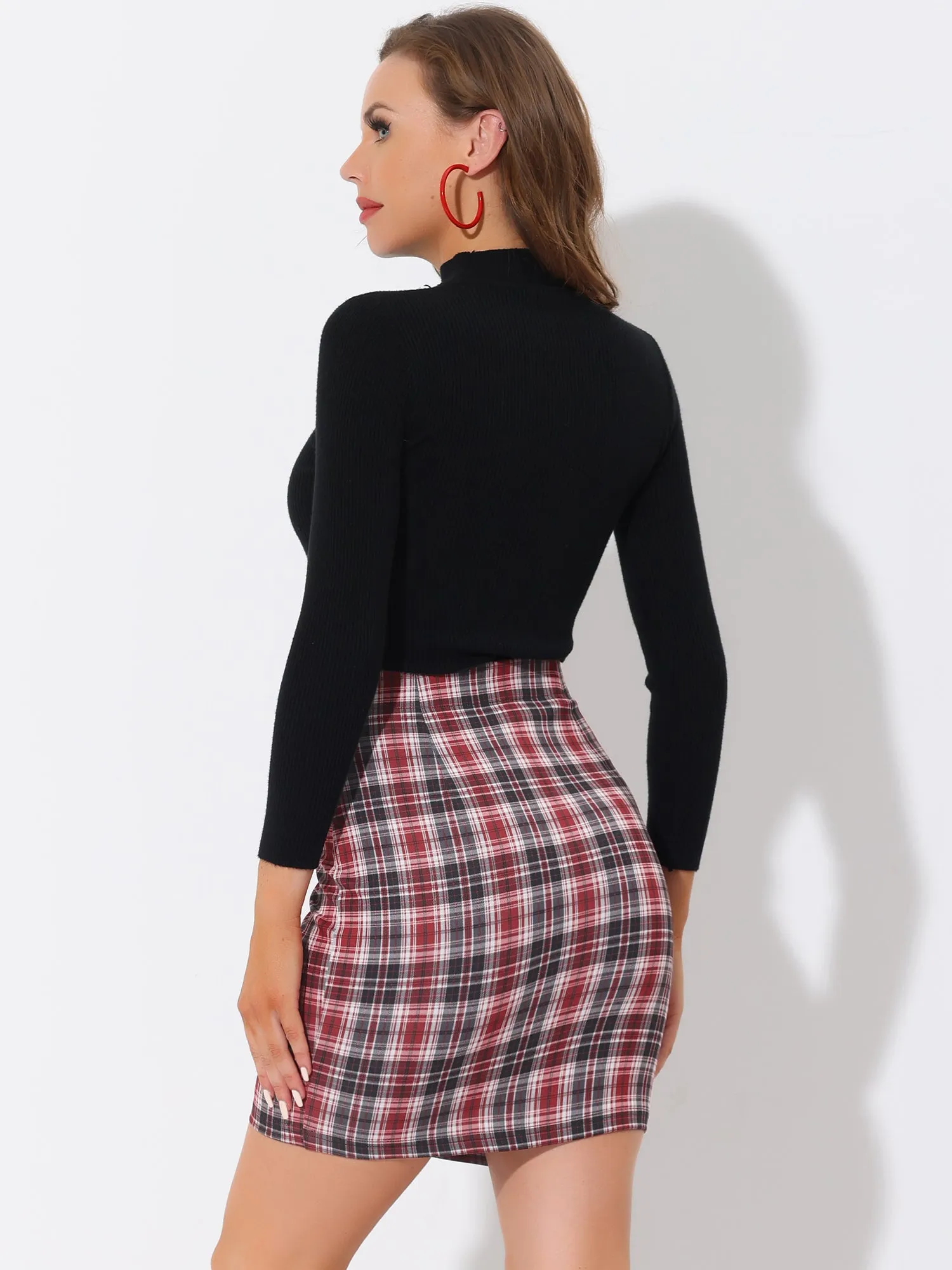 Plaid High Waist Strech Side Zipper Bodycon Pencil Mini Skirt sold by Allegra K product image thumbnail 3