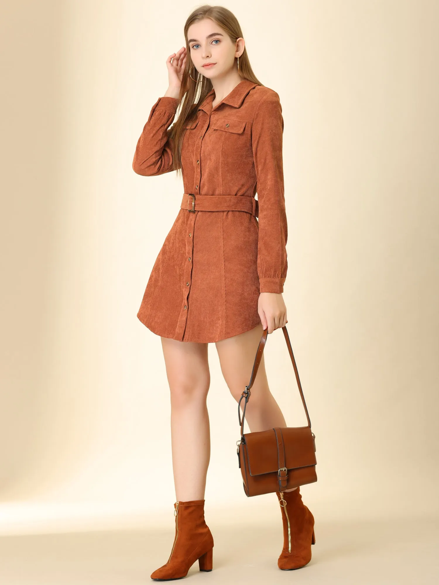Corduroy Safari Point Collar Belted Button Long Sleeve Shirt Dress sold by Allegra K