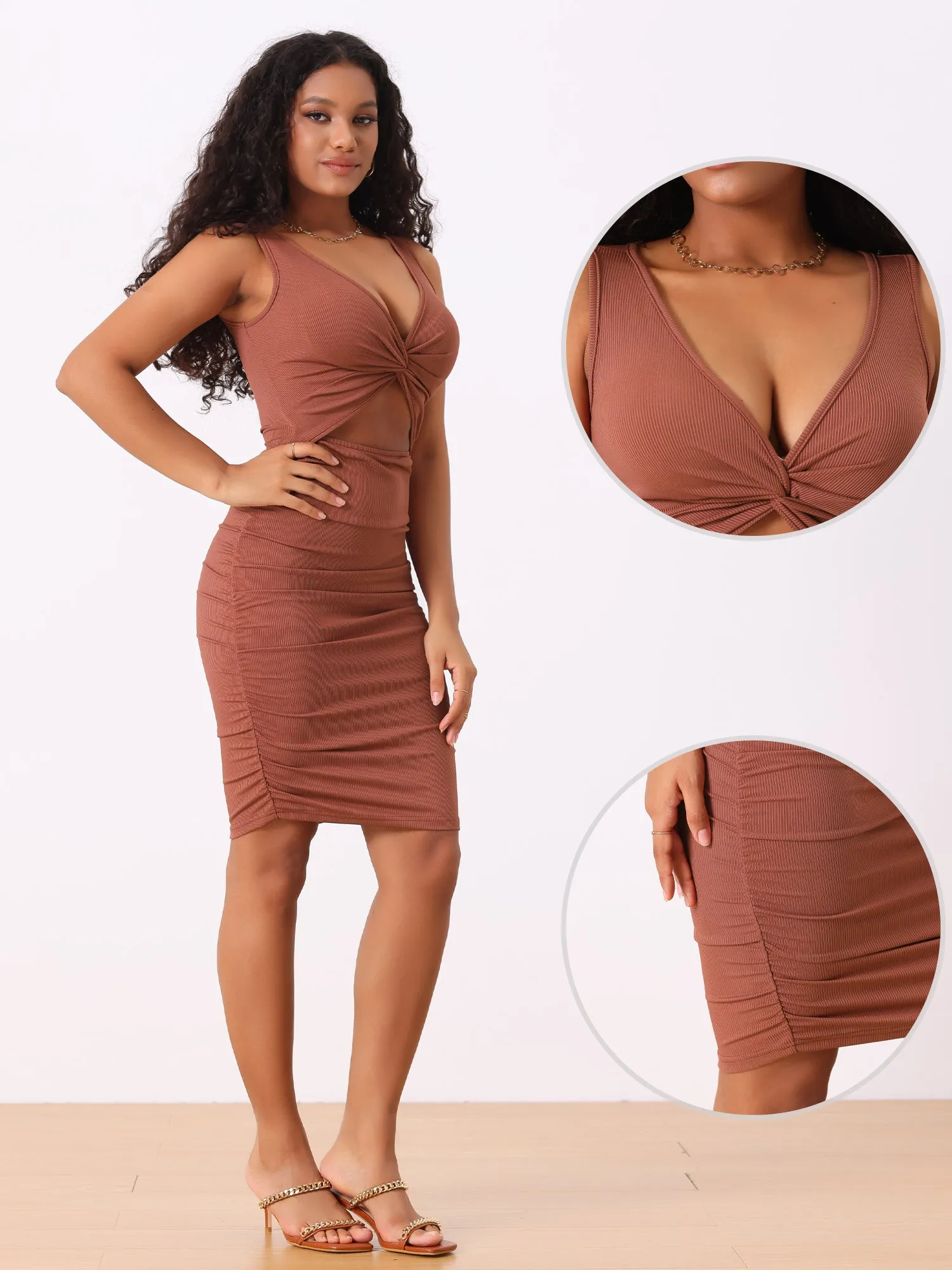Twist Knot Cut Out Bodycon Ruched V Neck Mini Dress sold by Allegra K product image thumbnail 2