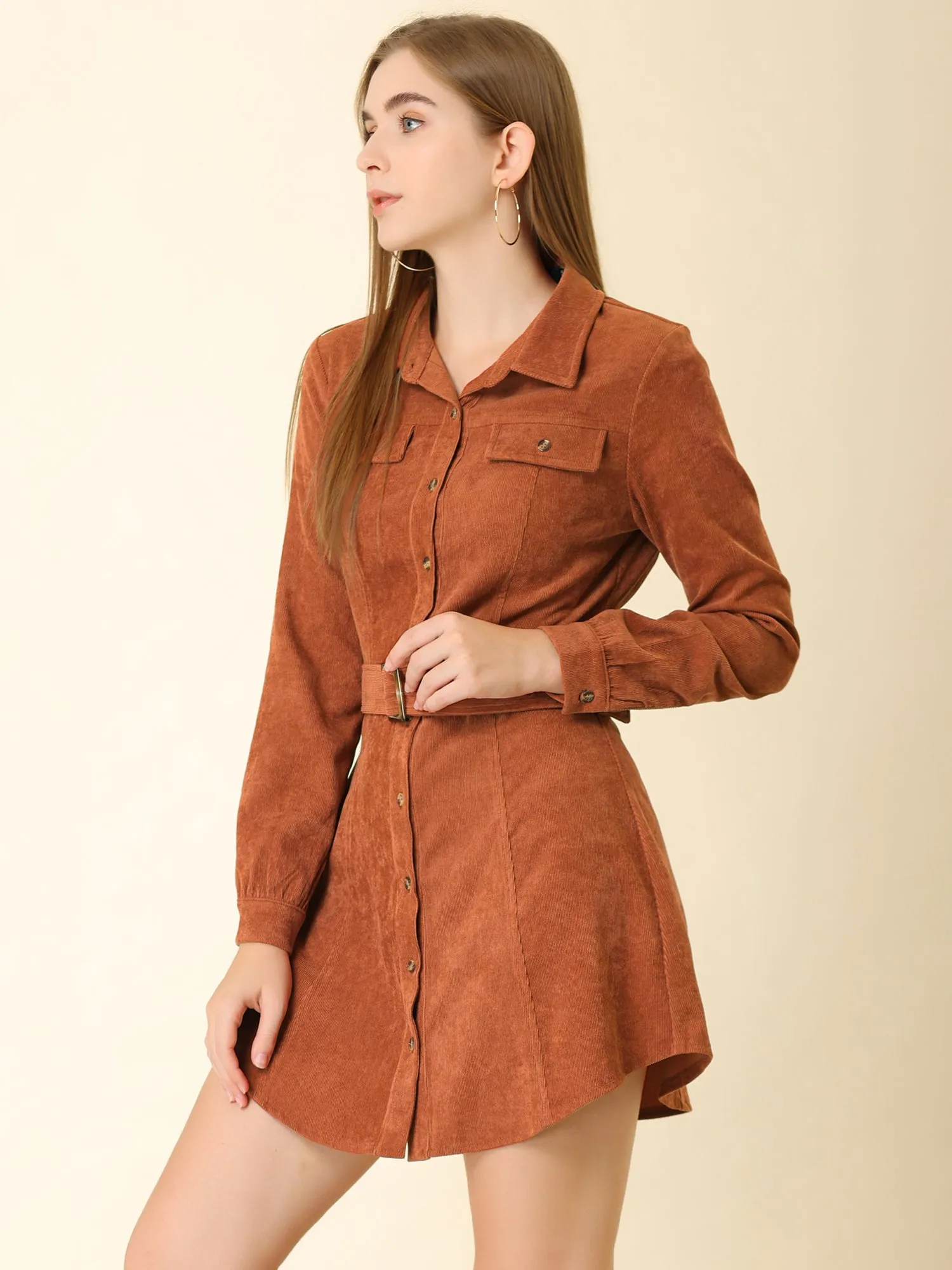 Corduroy Safari Point Collar Belted Button Long Sleeve Shirt Dress sold by Allegra K product image thumbnail 2