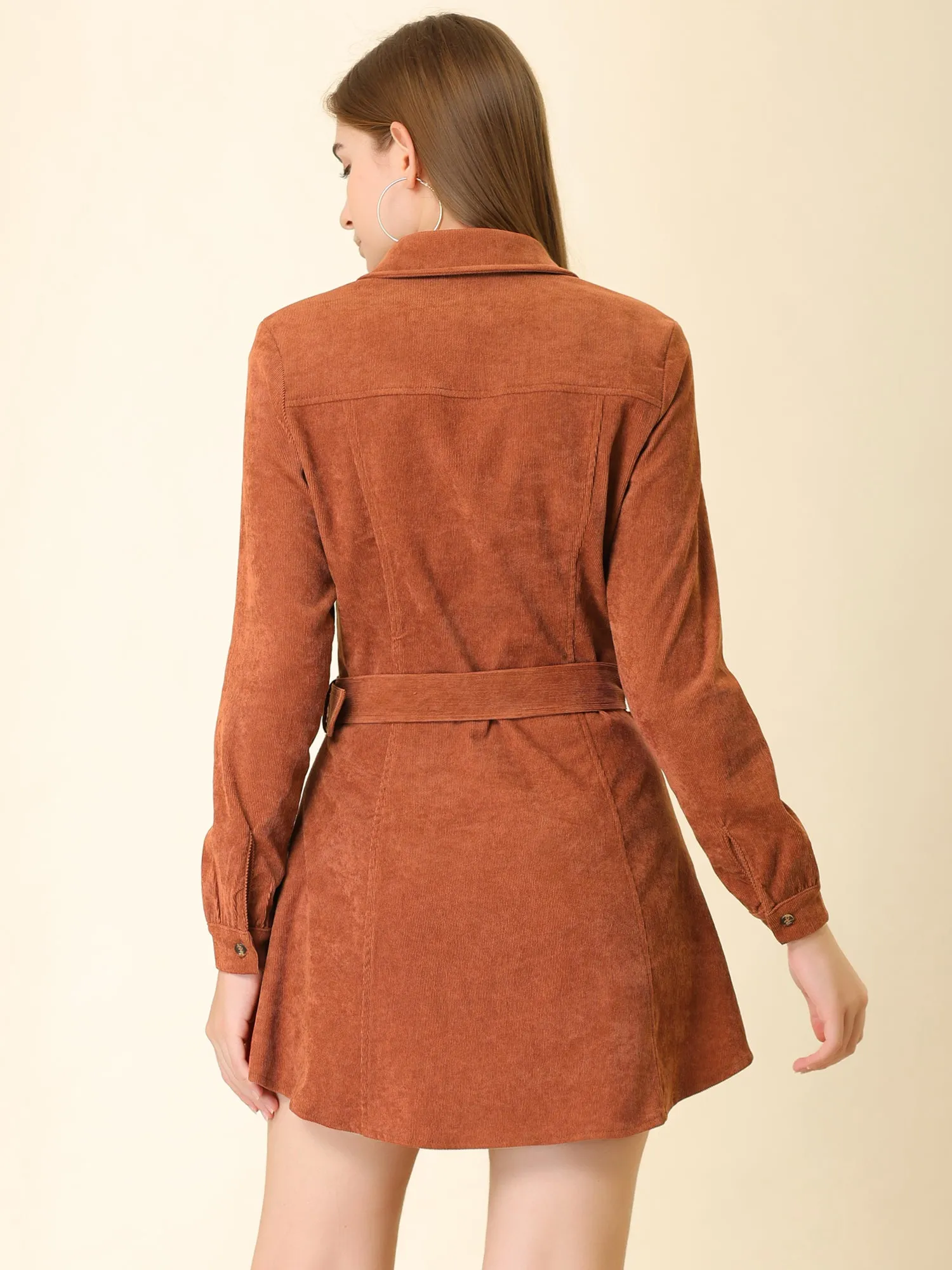 Corduroy Safari Point Collar Belted Button Long Sleeve Shirt Dress sold by Allegra K product image thumbnail 3