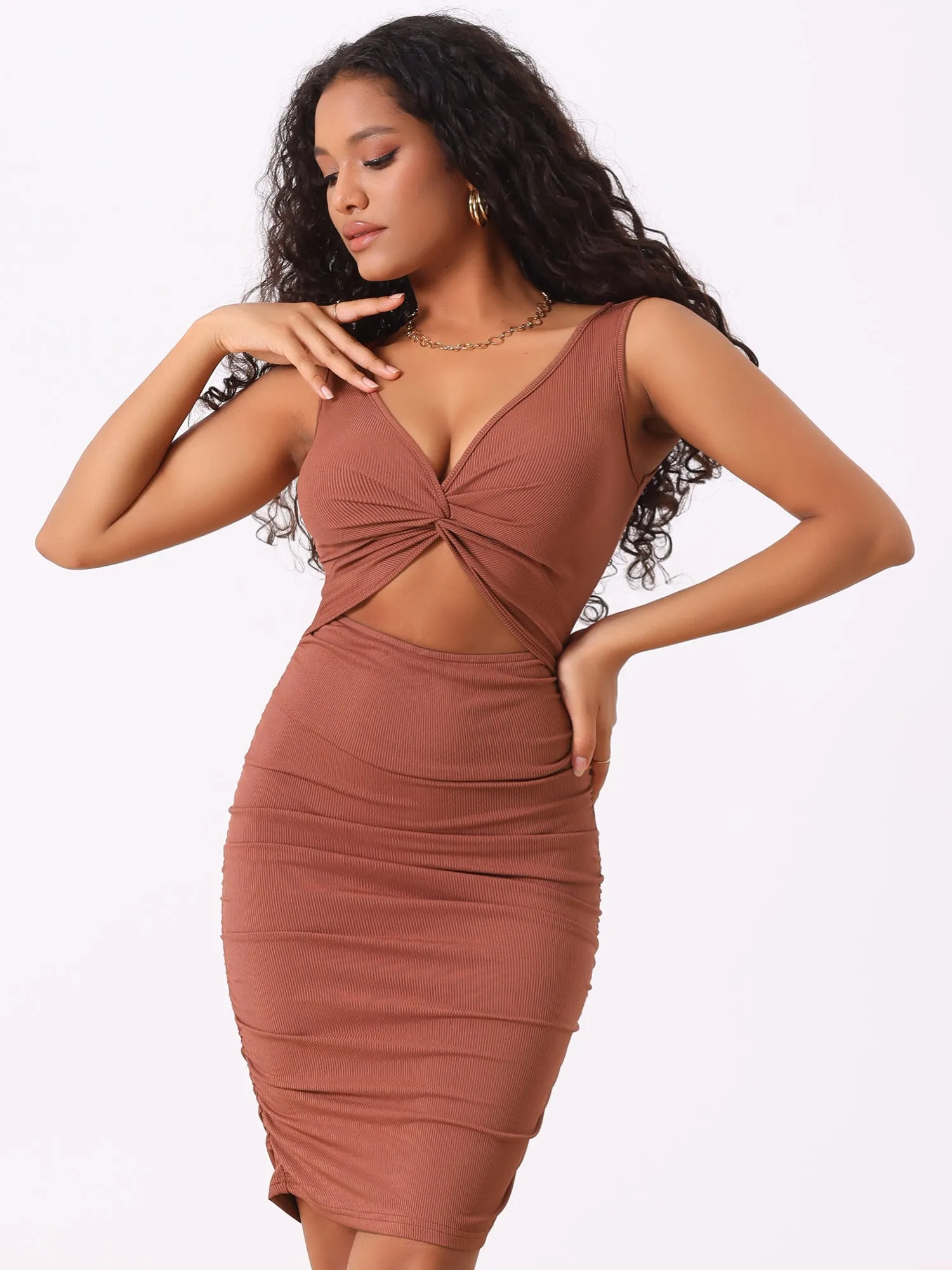 Twist Knot Cut Out Bodycon Ruched V Neck Mini Dress sold by Allegra K