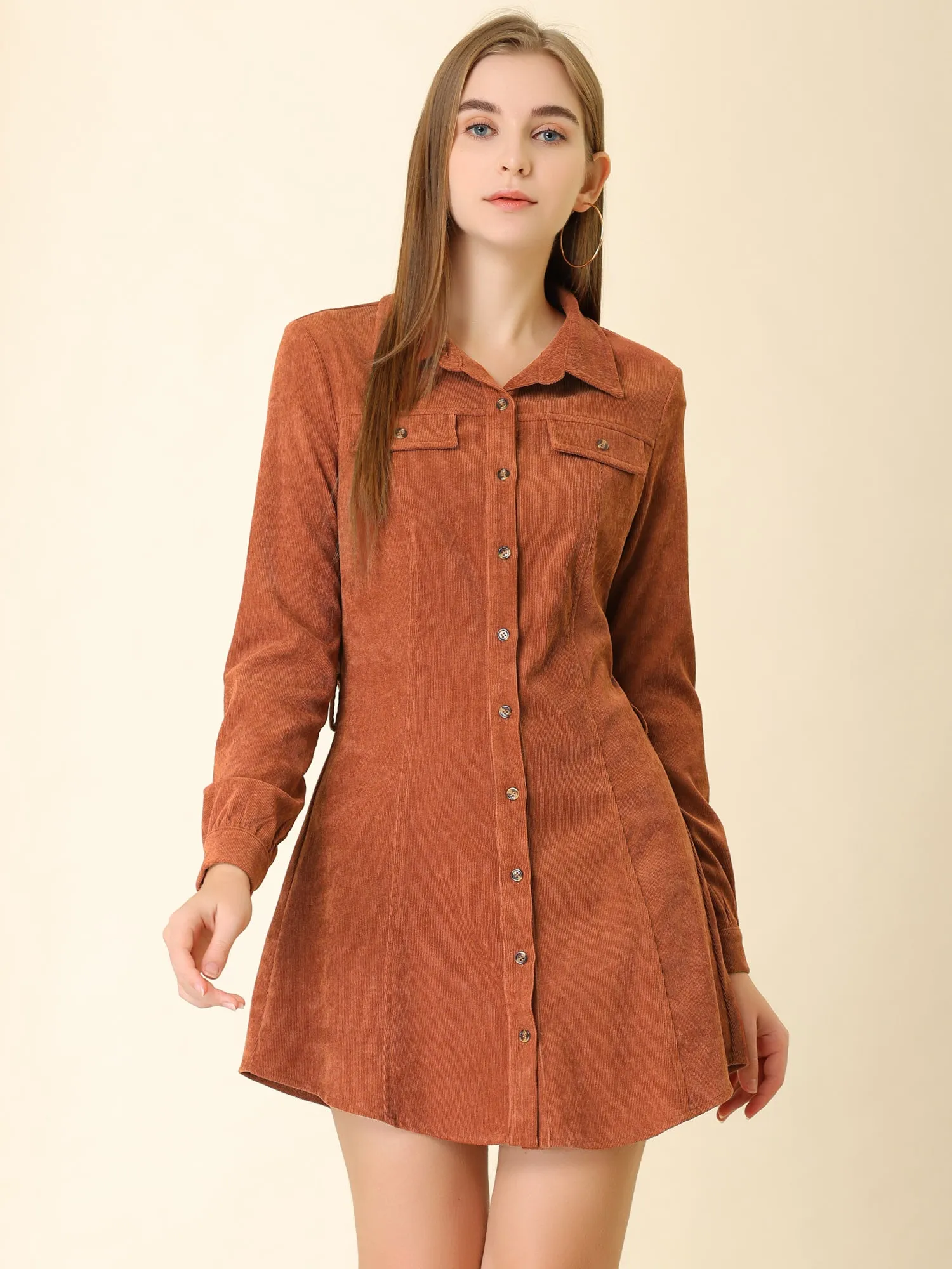 Corduroy Safari Point Collar Belted Button Long Sleeve Shirt Dress sold by Allegra K product image thumbnail 4