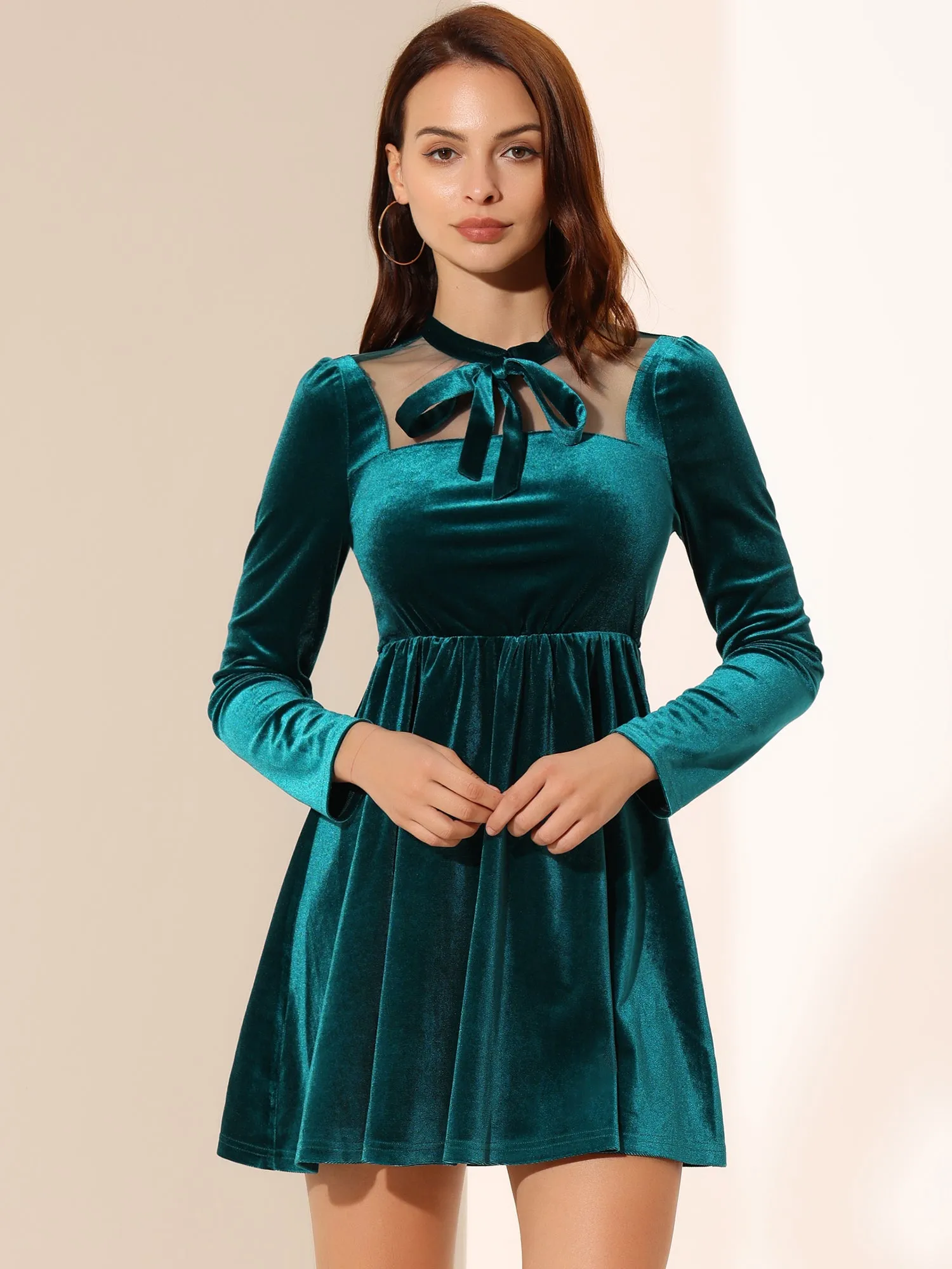 Velvet Party Sheer Mesh Panel Tie Neck Sexy A-Line Mini Dress sold by Allegra K product image thumbnail 5