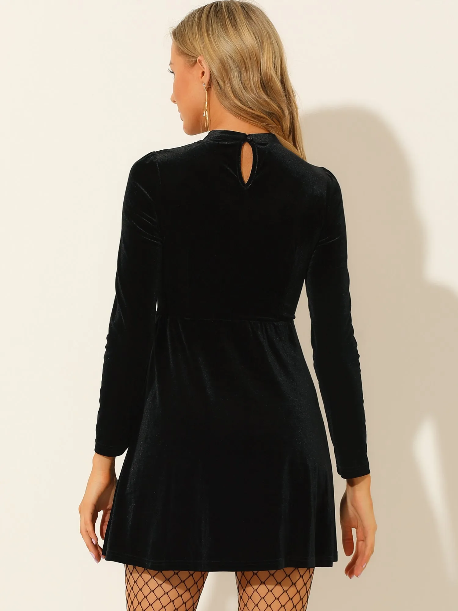 Velvet Party Sheer Mesh Panel Tie Neck Sexy A-Line Mini Dress sold by Allegra K product image thumbnail 3