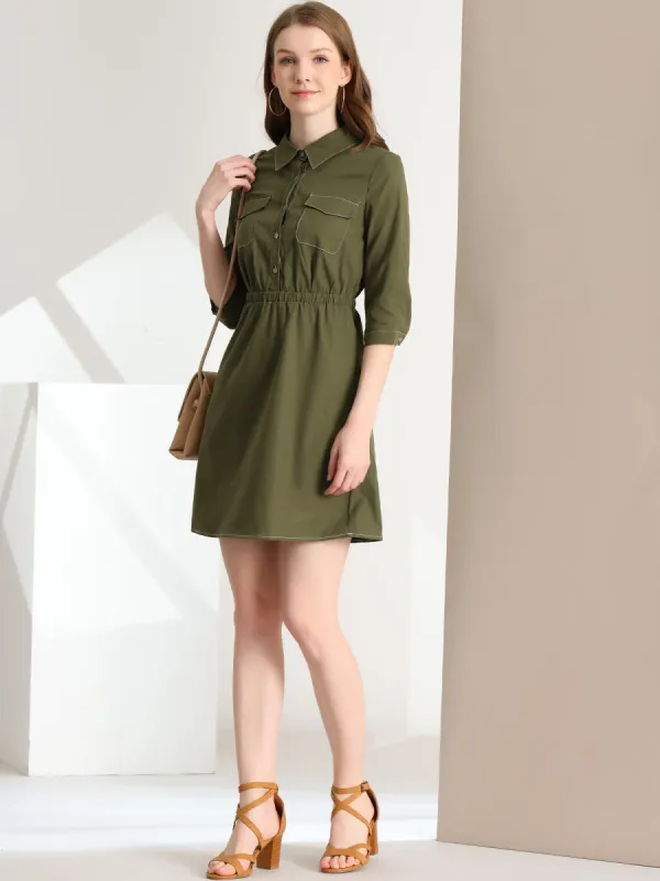Collared Elastic Waist 3/4 Sleeve Utility Safari Shirt Dress sold by Allegra K