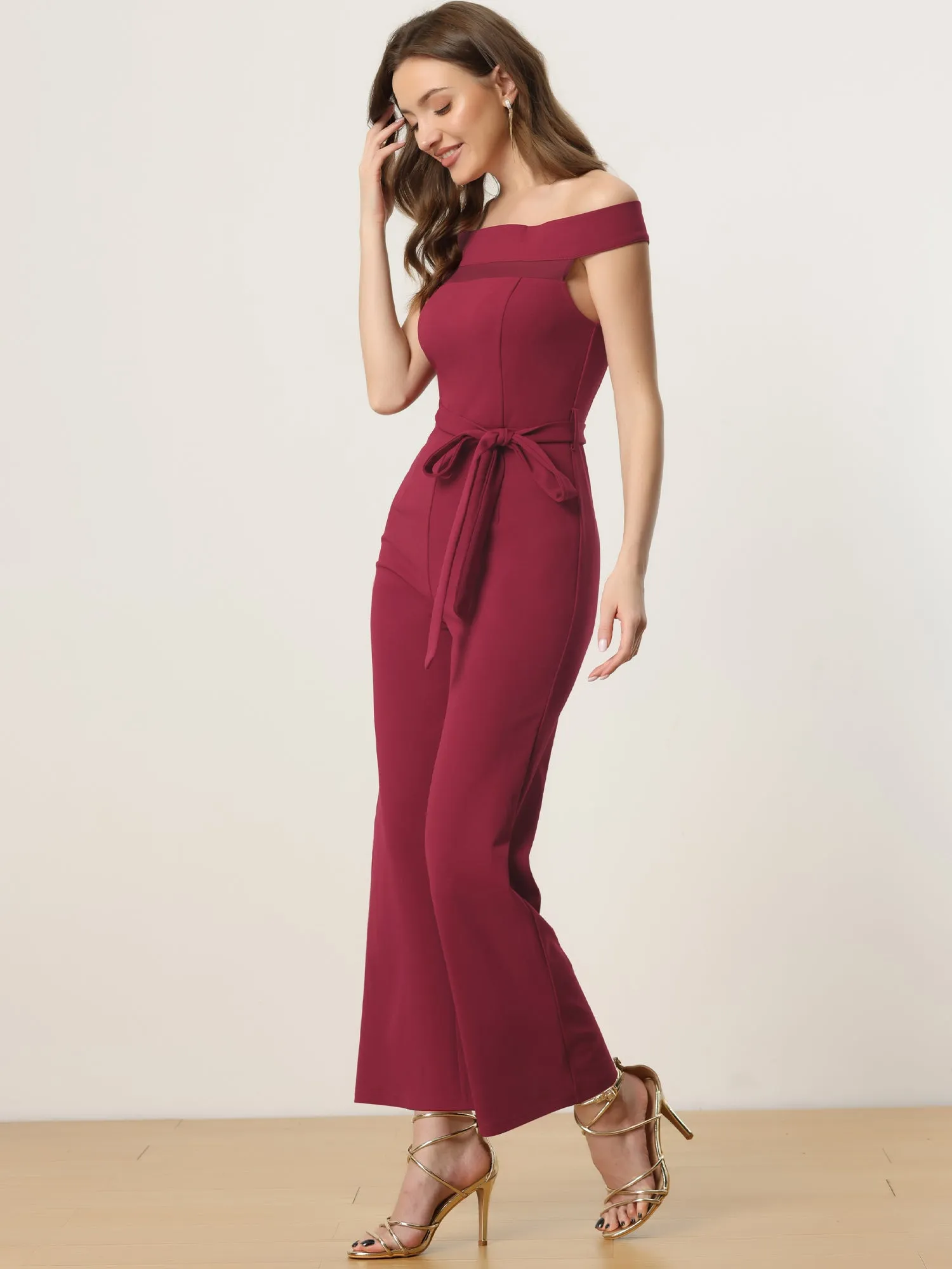Romper Elegant Off Shoulder Belted Party Lace Up Long Jumpsuit sold by Allegra K product image thumbnail 2
