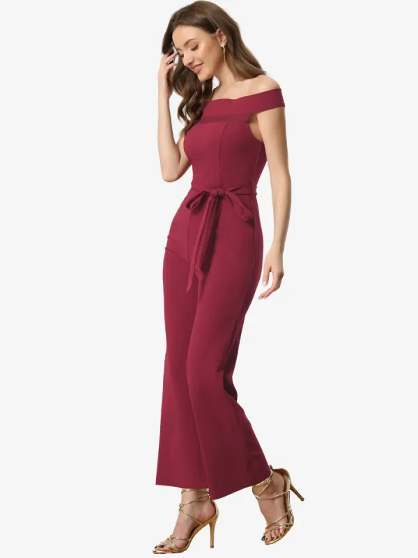 Romper Elegant Off Shoulder Belted Party Lace Up Long Jumpsuit sold by Allegra K