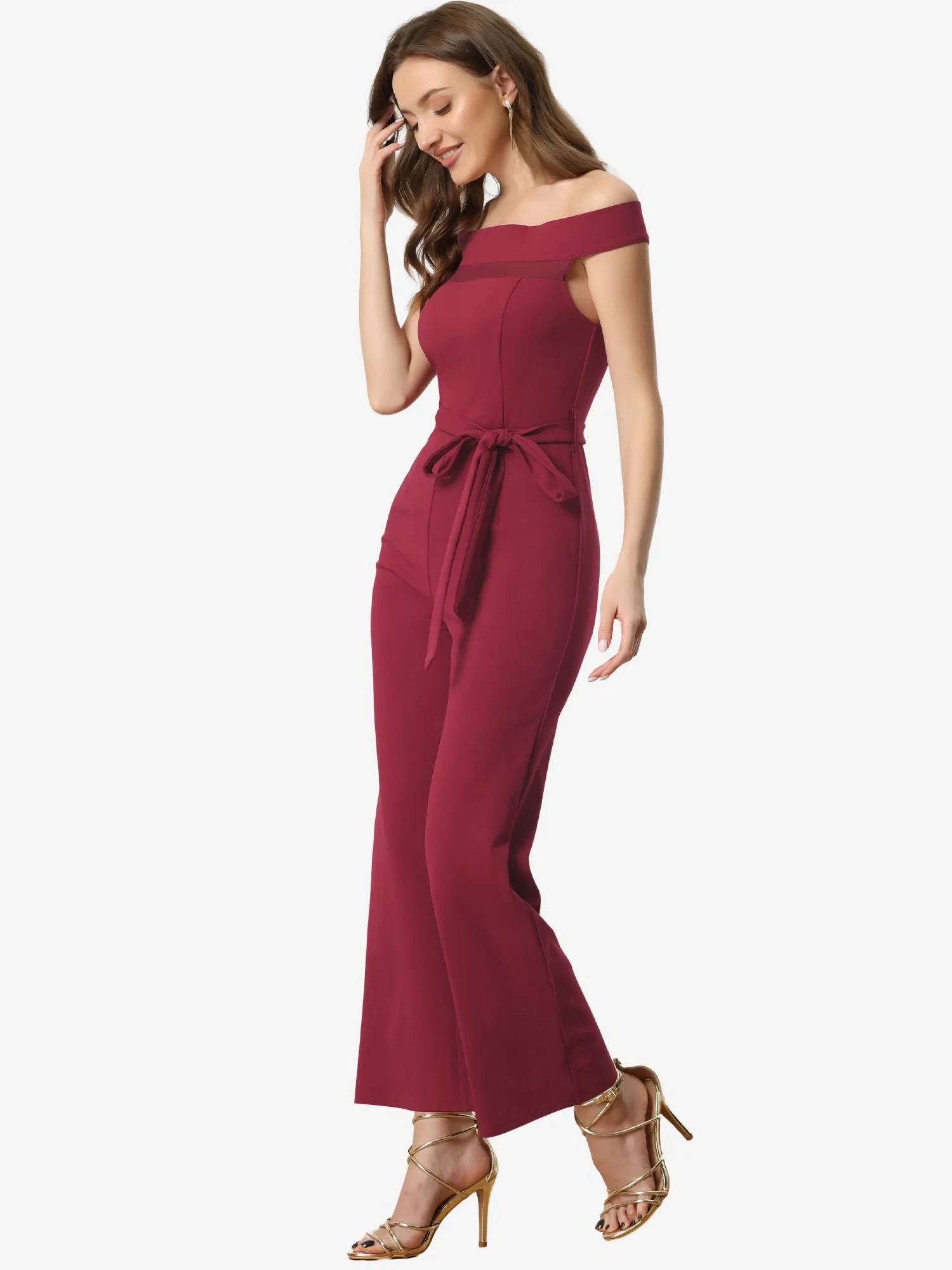 Romper Elegant Off Shoulder Belted Party Lace Up Long Jumpsuit sold by Allegra K