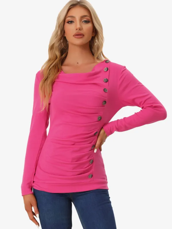 Cowl Neck Long Sleeve Button Decor Ruched Tunic sold by Allegra K