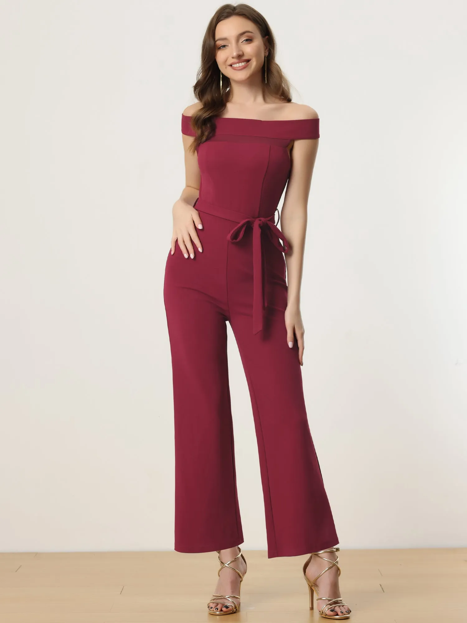 Romper Elegant Off Shoulder Belted Party Lace Up Long Jumpsuit sold by Allegra K product image thumbnail 3
