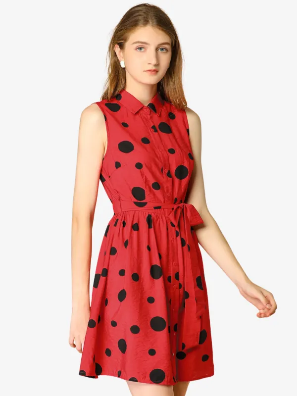 Polka Dots Button Down Tie Waist Sleeveless Shirt Dress Sundress sold by Allegra K