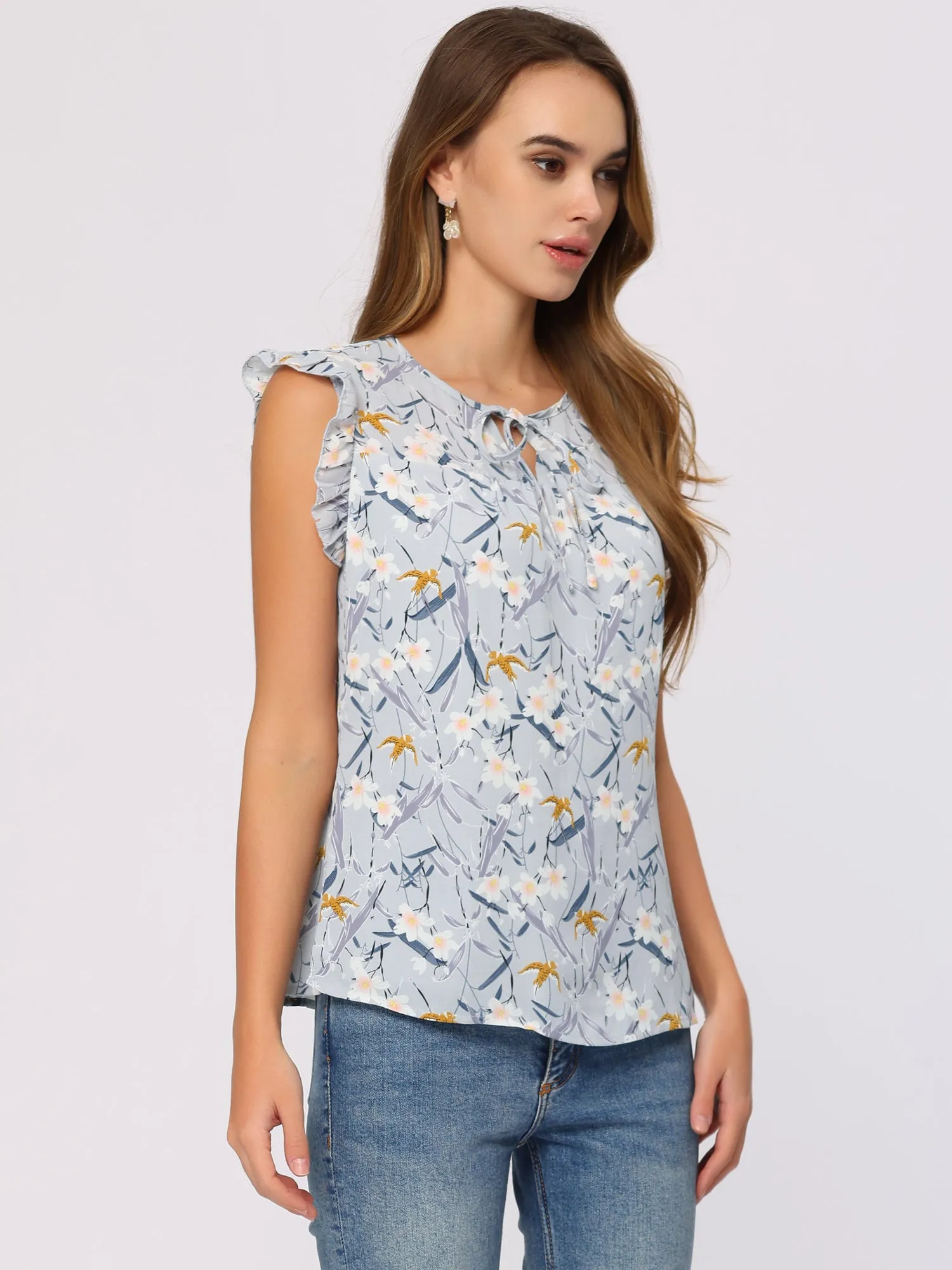 Summer Floral Sleeveless Ruffle Trim Keyhole Tie Neck Blouse sold by Allegra K product image thumbnail 2