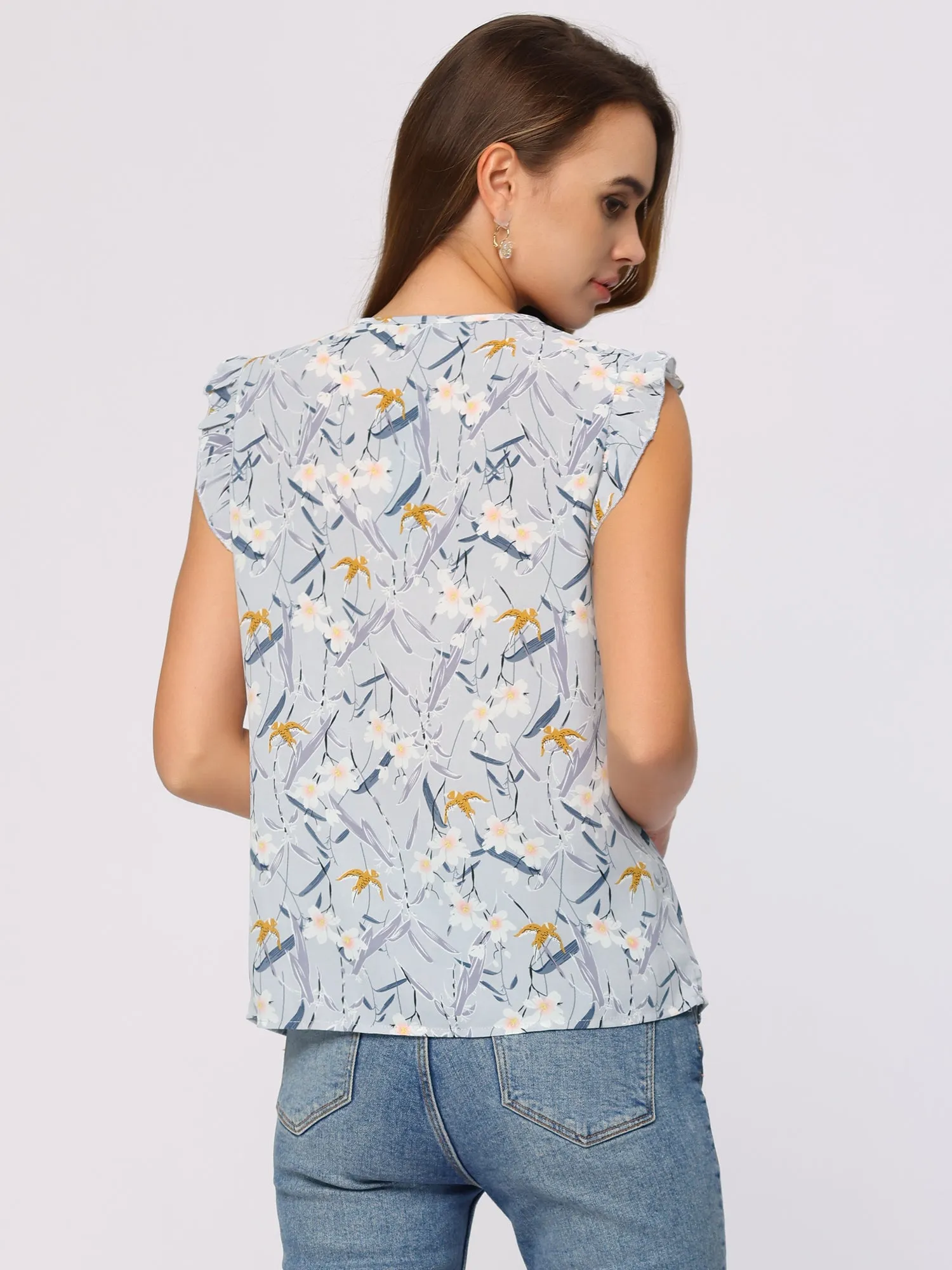 Summer Floral Sleeveless Ruffle Trim Keyhole Tie Neck Blouse sold by Allegra K product image thumbnail 3