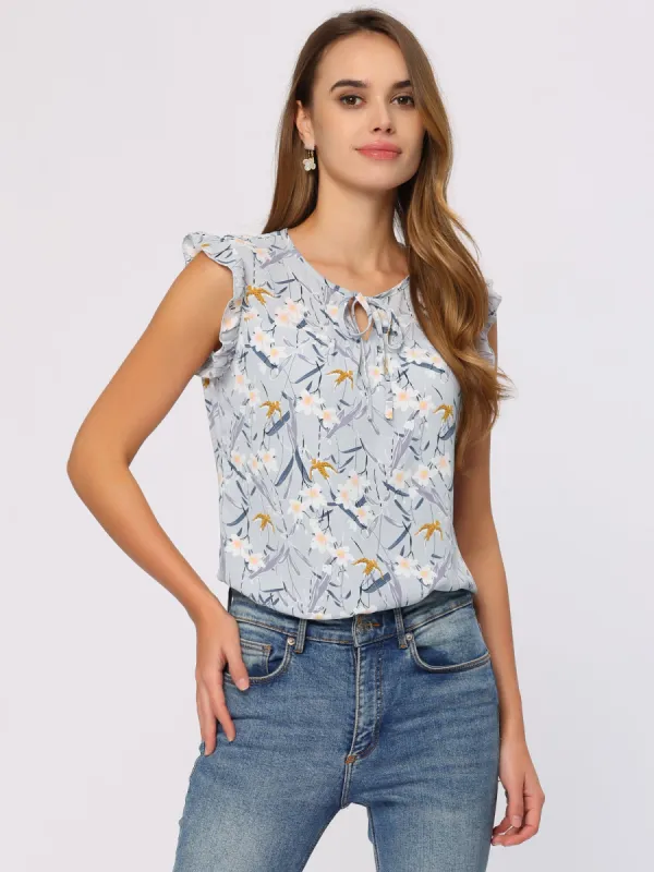 Summer Floral Sleeveless Ruffle Trim Keyhole Tie Neck Blouse sold by Allegra K