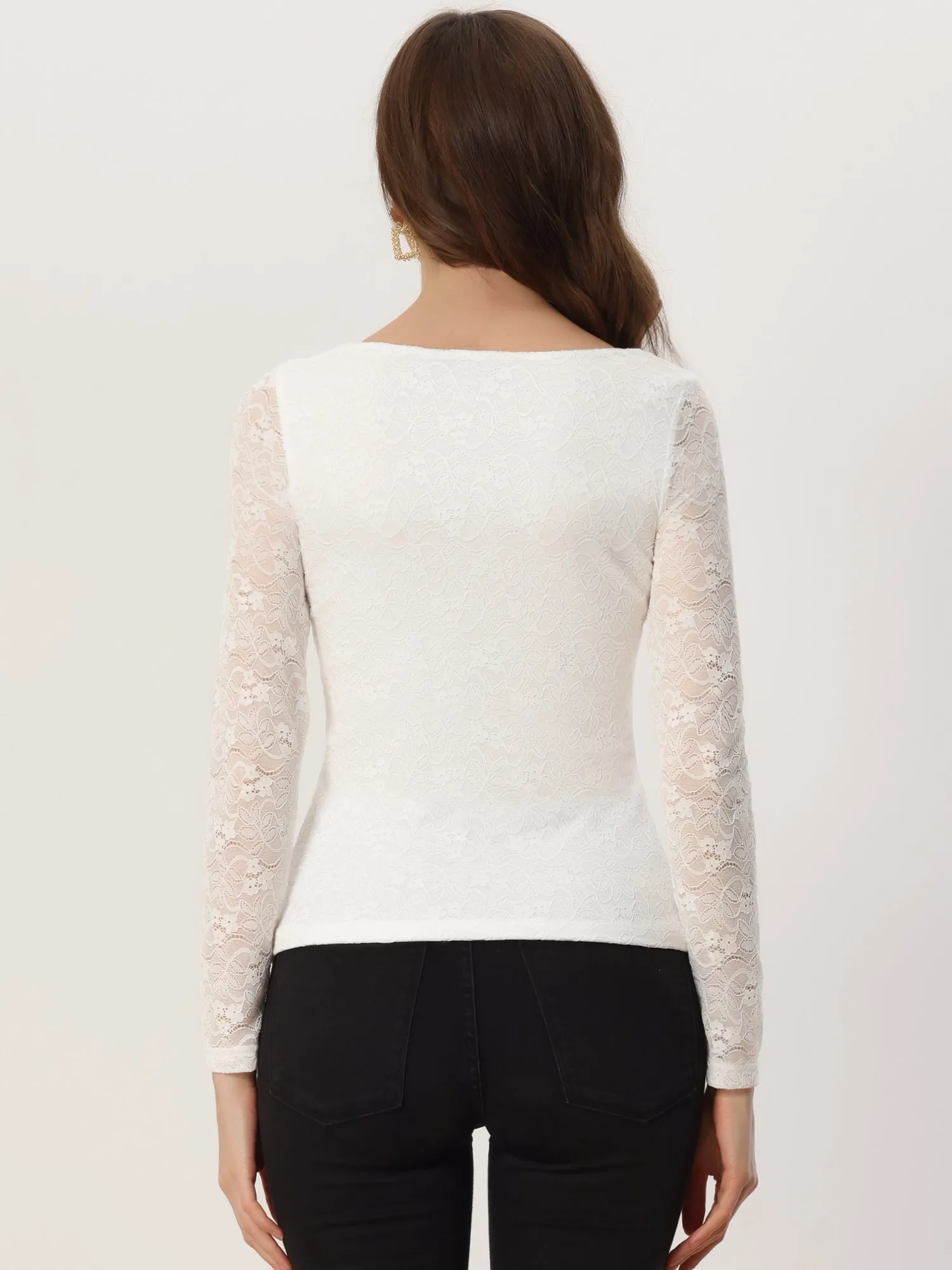 Lace Blouse Sweetheart Neck Long Sleeve Elegant Tops sold by Allegra K product image thumbnail 3