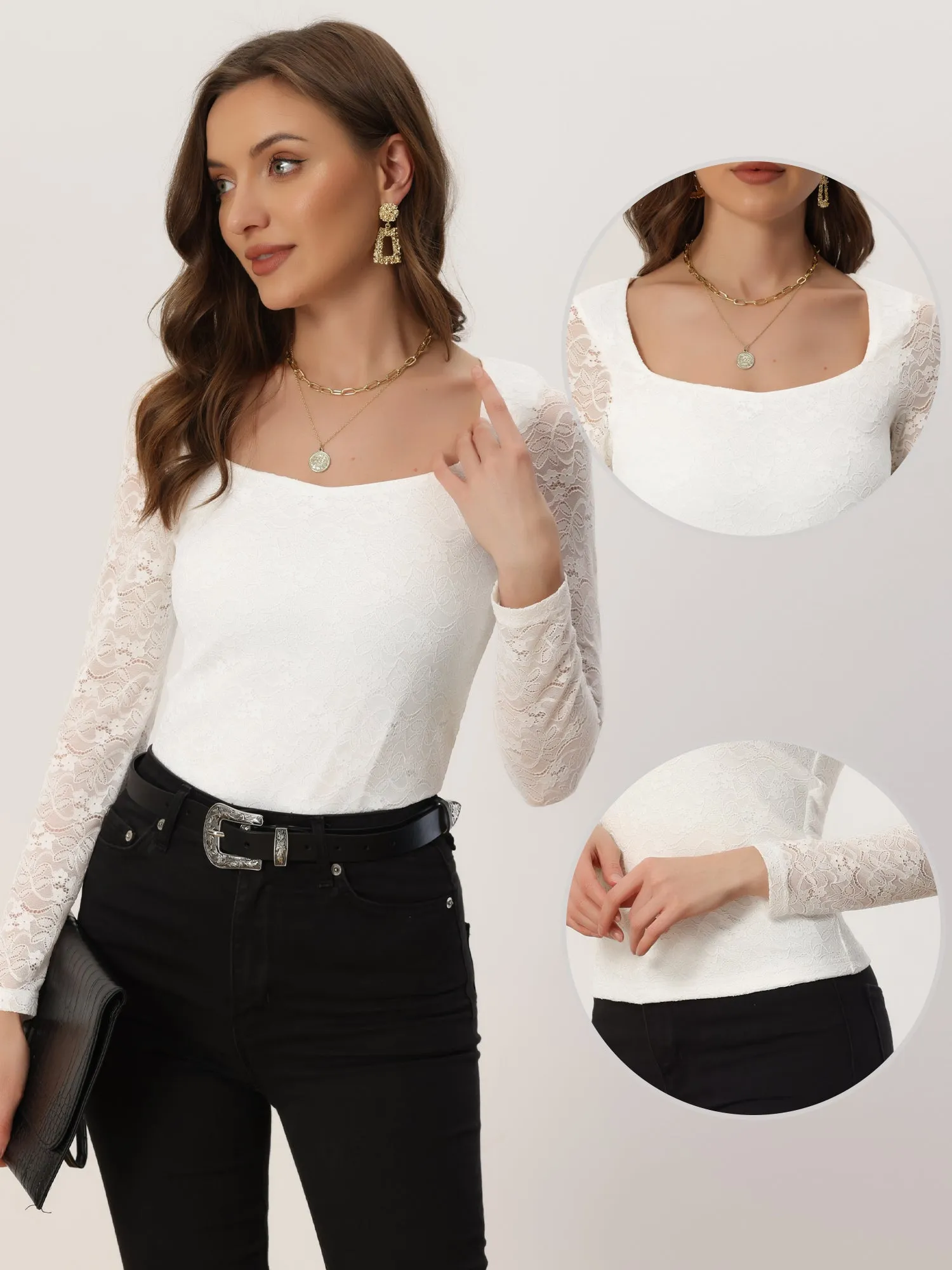 Lace Blouse Sweetheart Neck Long Sleeve Elegant Tops sold by Allegra K product image thumbnail 2