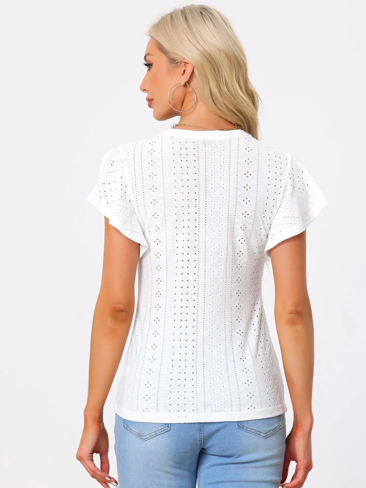 Embroidered Eyelet Top Shirt V Neck Ruffle Sleeve Hollow Out Summer Country Tops sold by Allegra K product image thumbnail 4