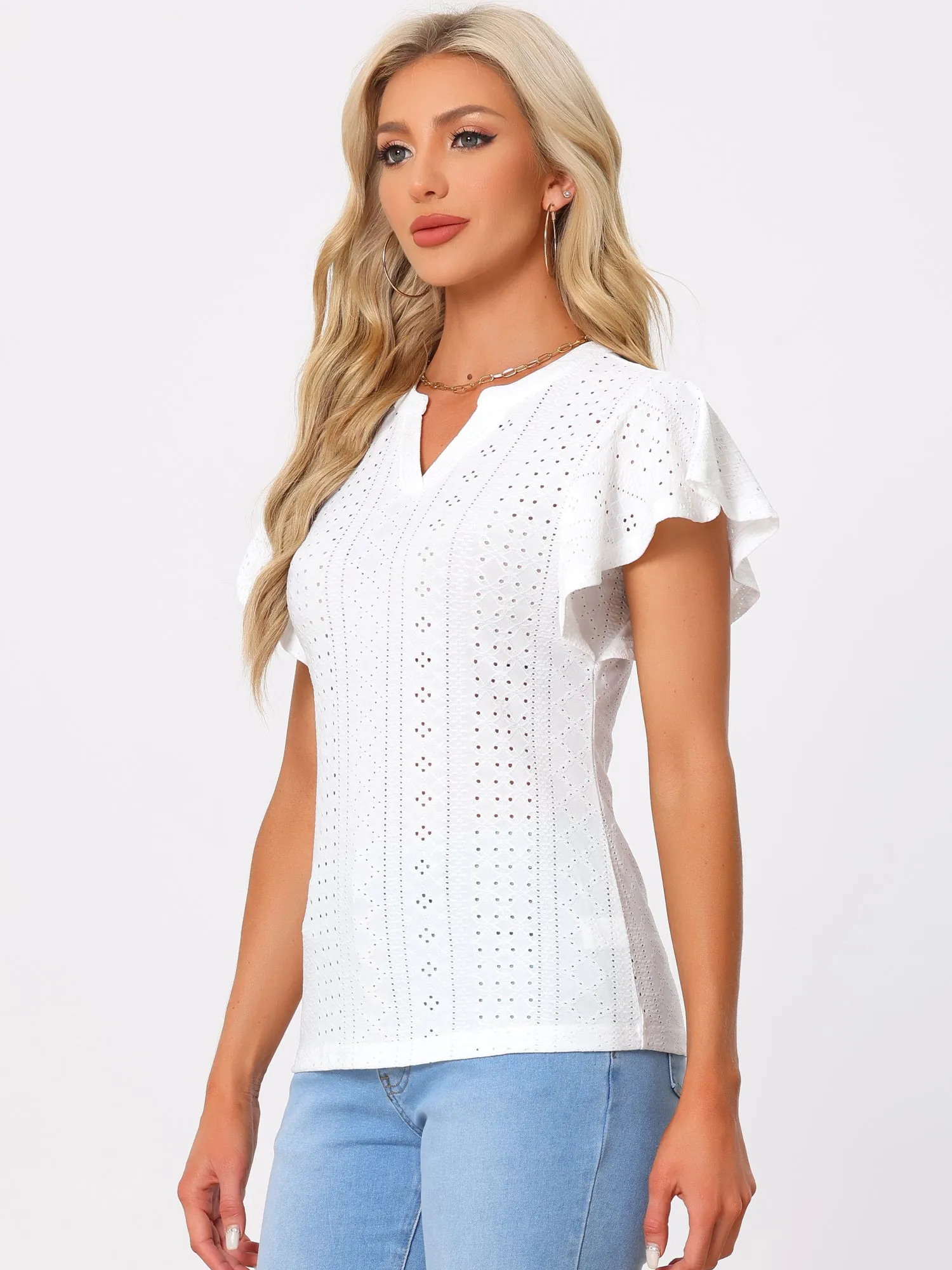 Embroidered Eyelet Top Shirt V Neck Ruffle Sleeve Hollow Out Summer Country Tops sold by Allegra K product image thumbnail 3