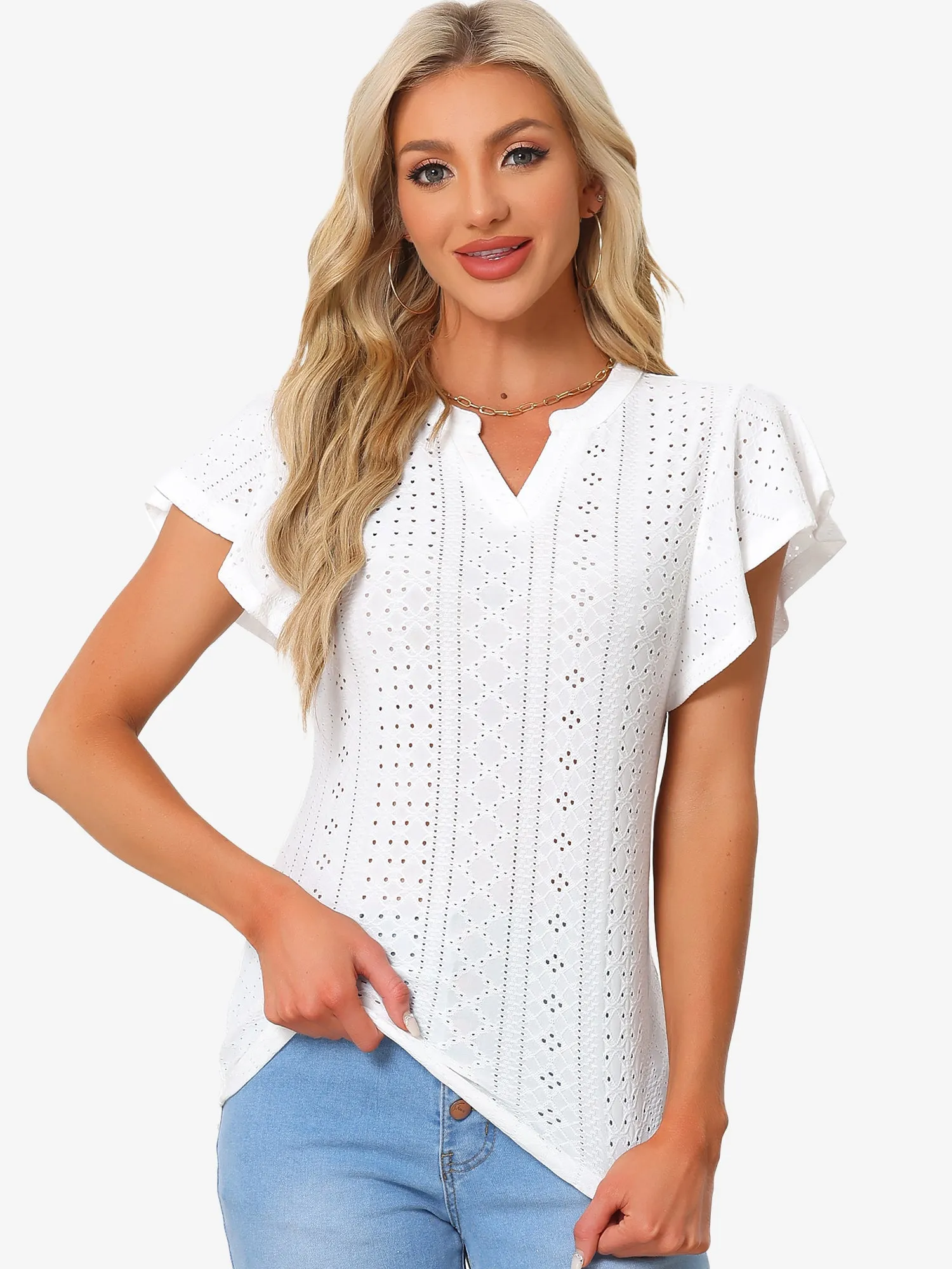 Embroidered Eyelet Top Shirt V Neck Ruffle Sleeve Hollow Out Summer Country Tops sold by Allegra K