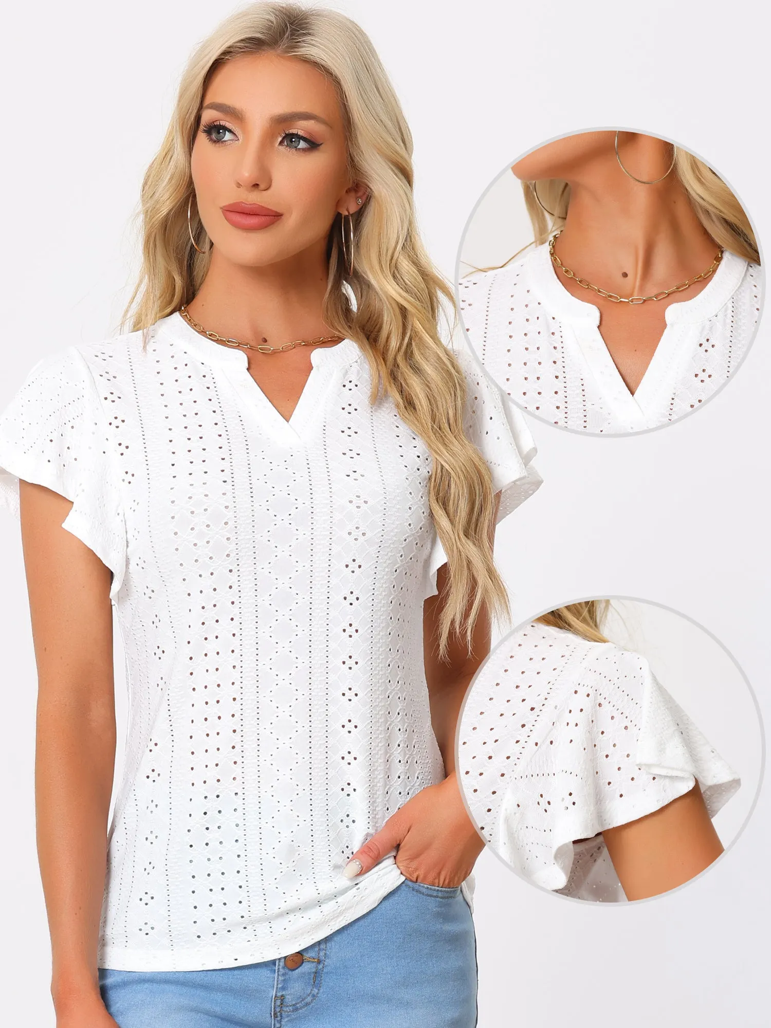 Embroidered Eyelet Top Shirt V Neck Ruffle Sleeve Hollow Out Summer Country Tops sold by Allegra K product image thumbnail 2