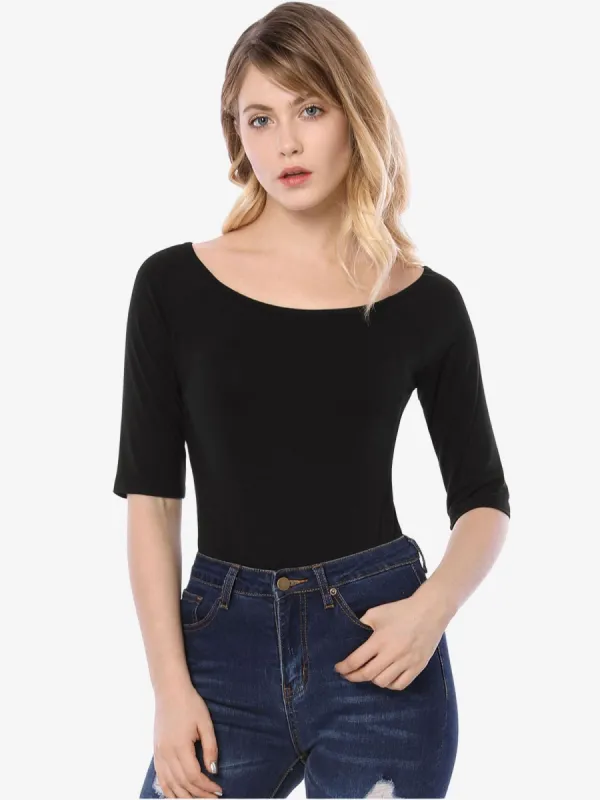 Scoop Neck Half Sleeves Fitted Layering Soft T-Shirt sold by Allegra K