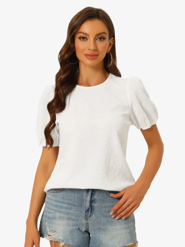 Puff Sleeve Round Neck Floral Textured Pullover Blouse sold by Allegra K