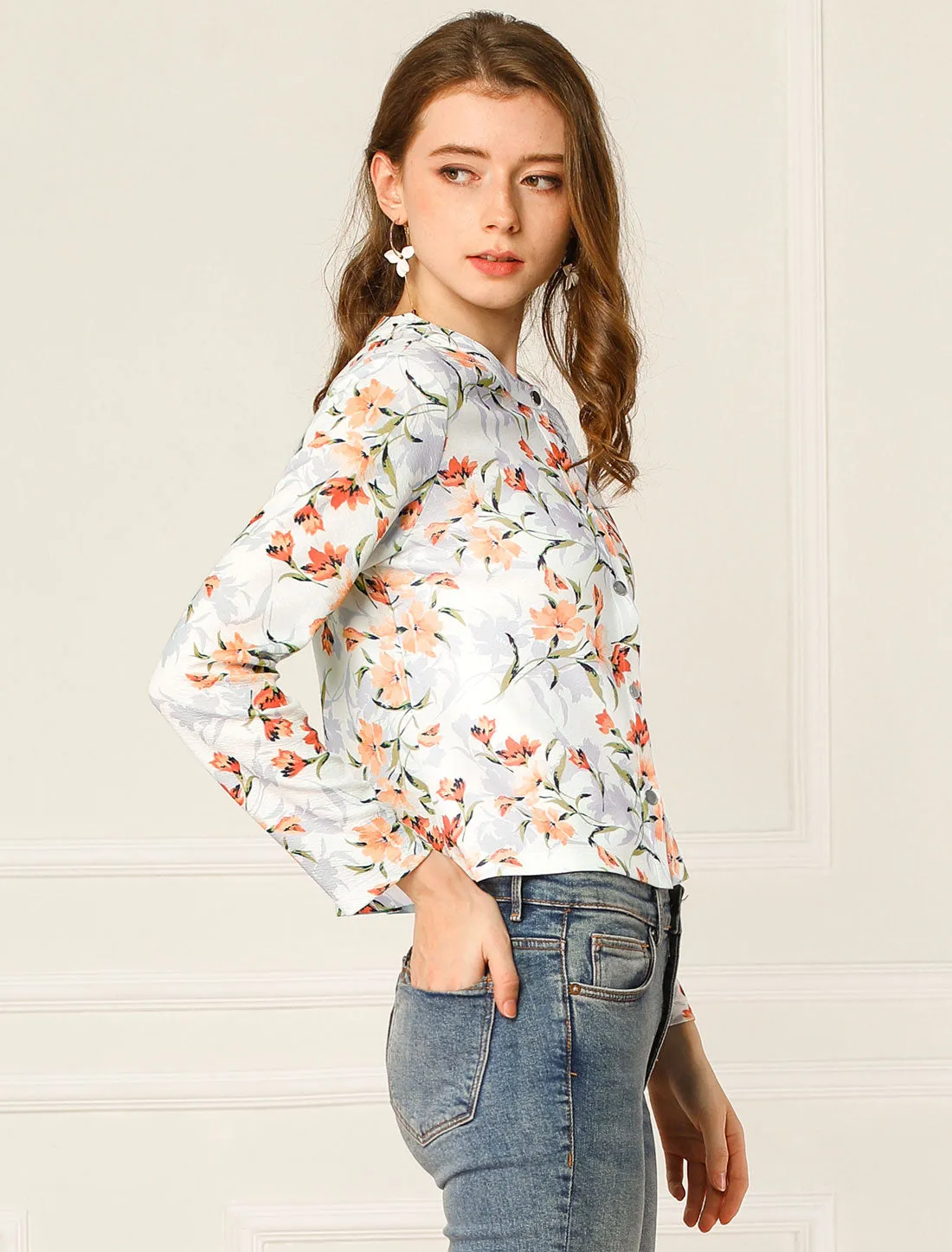 Long Sleeve Button Down Lightweight Floral Printed Jacket sold by Allegra K product image thumbnail 3