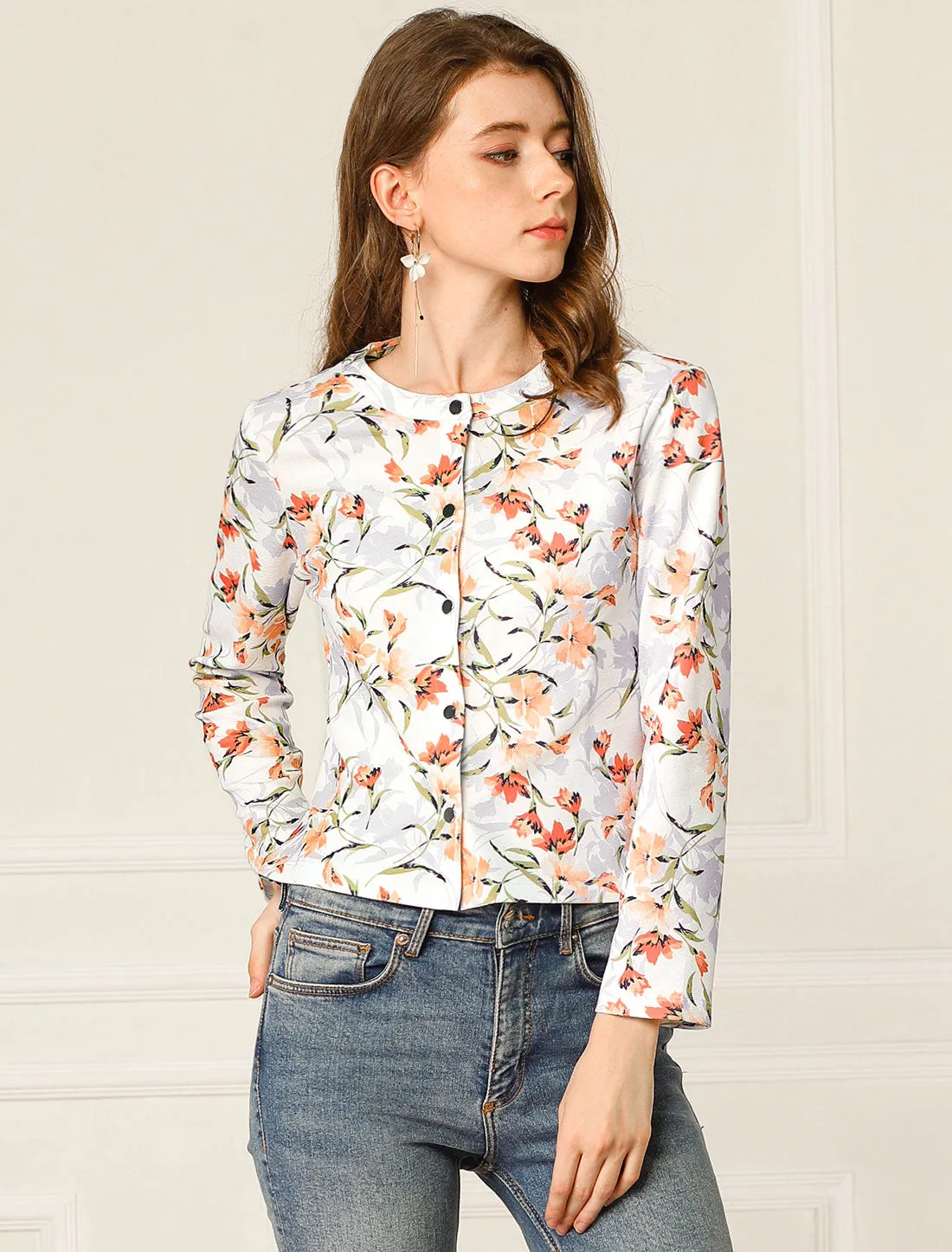 Long Sleeve Button Down Lightweight Floral Printed Jacket sold by Allegra K