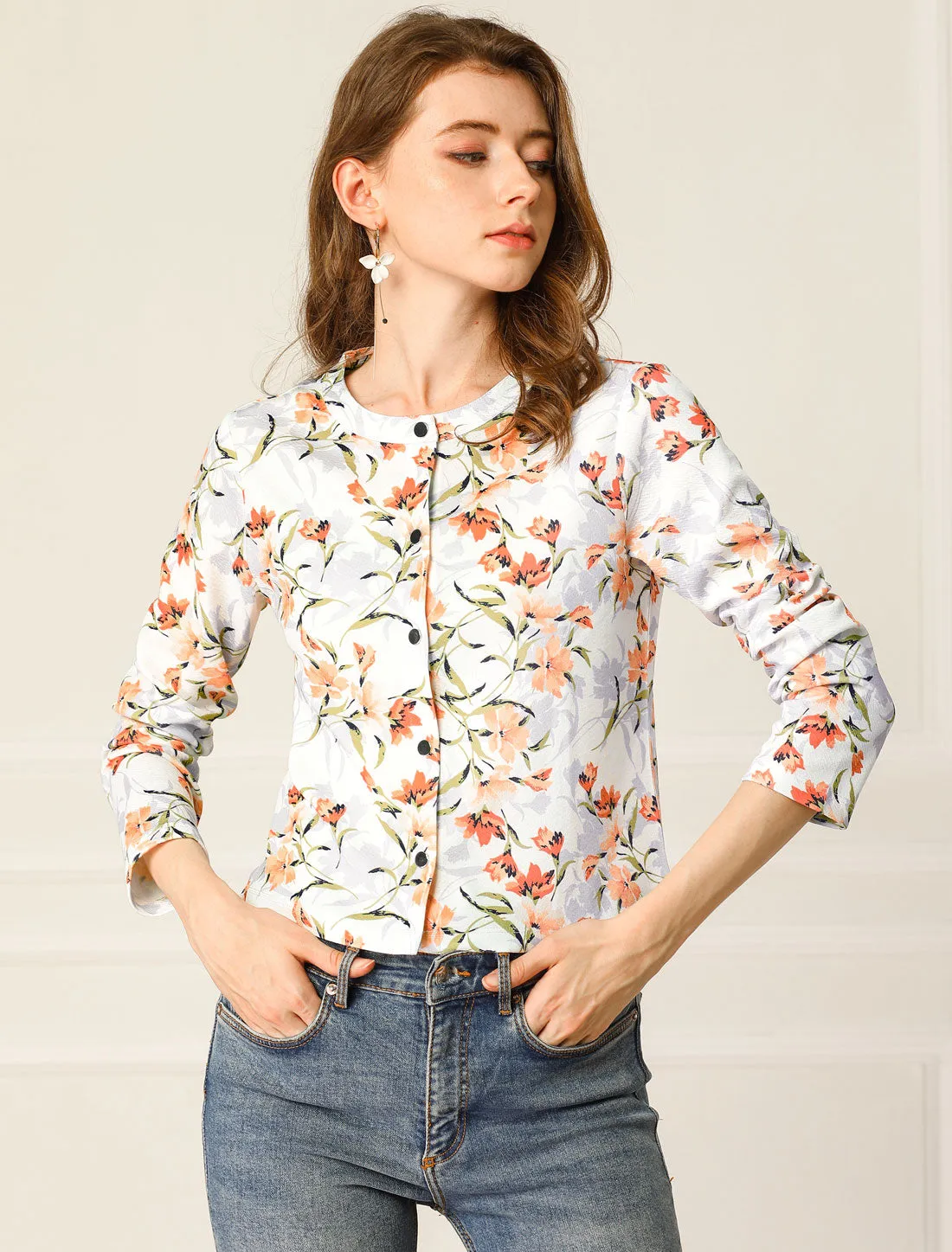 Long Sleeve Button Down Lightweight Floral Printed Jacket sold by Allegra K product image thumbnail 2