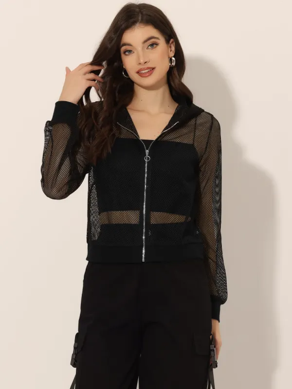 Zip Up Long Sleeve Mesh Sheer Hoodie Bomber Jackets sold by Allegra K