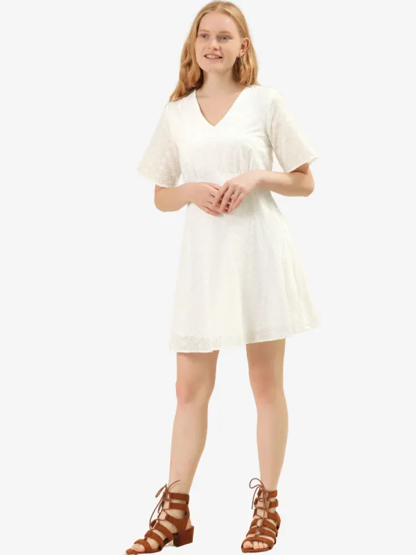100% Cotton V Neck Summer A-line Mini Embroidery Dress sold by Allegra K