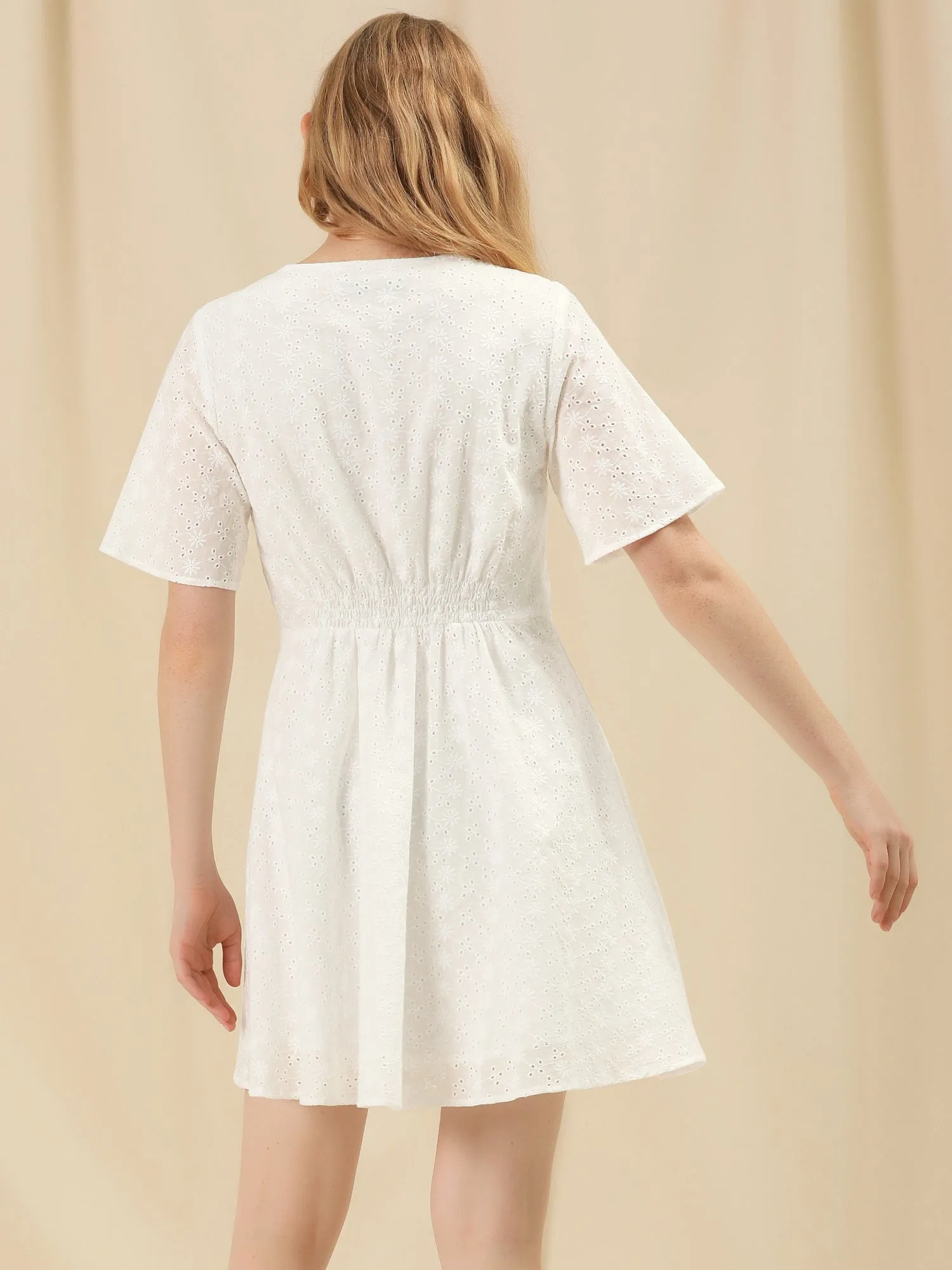 100% Cotton V Neck Summer A-line Mini Embroidery Dress sold by Allegra K product image thumbnail 5