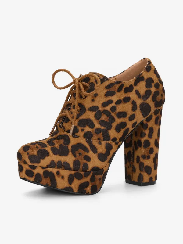 Leopard Print Platform Chunky Heel Lace Up Booties sold by Allegra K