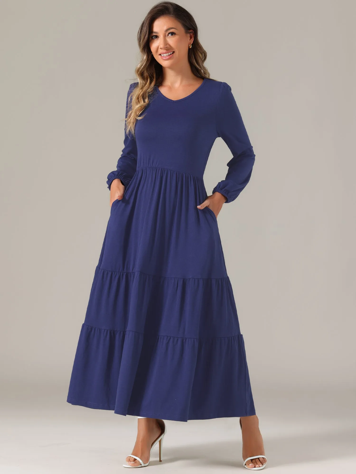 Crew Neck Long Sleeve Pockets Tiered A-Line Maxi Dress sold by Allegra K