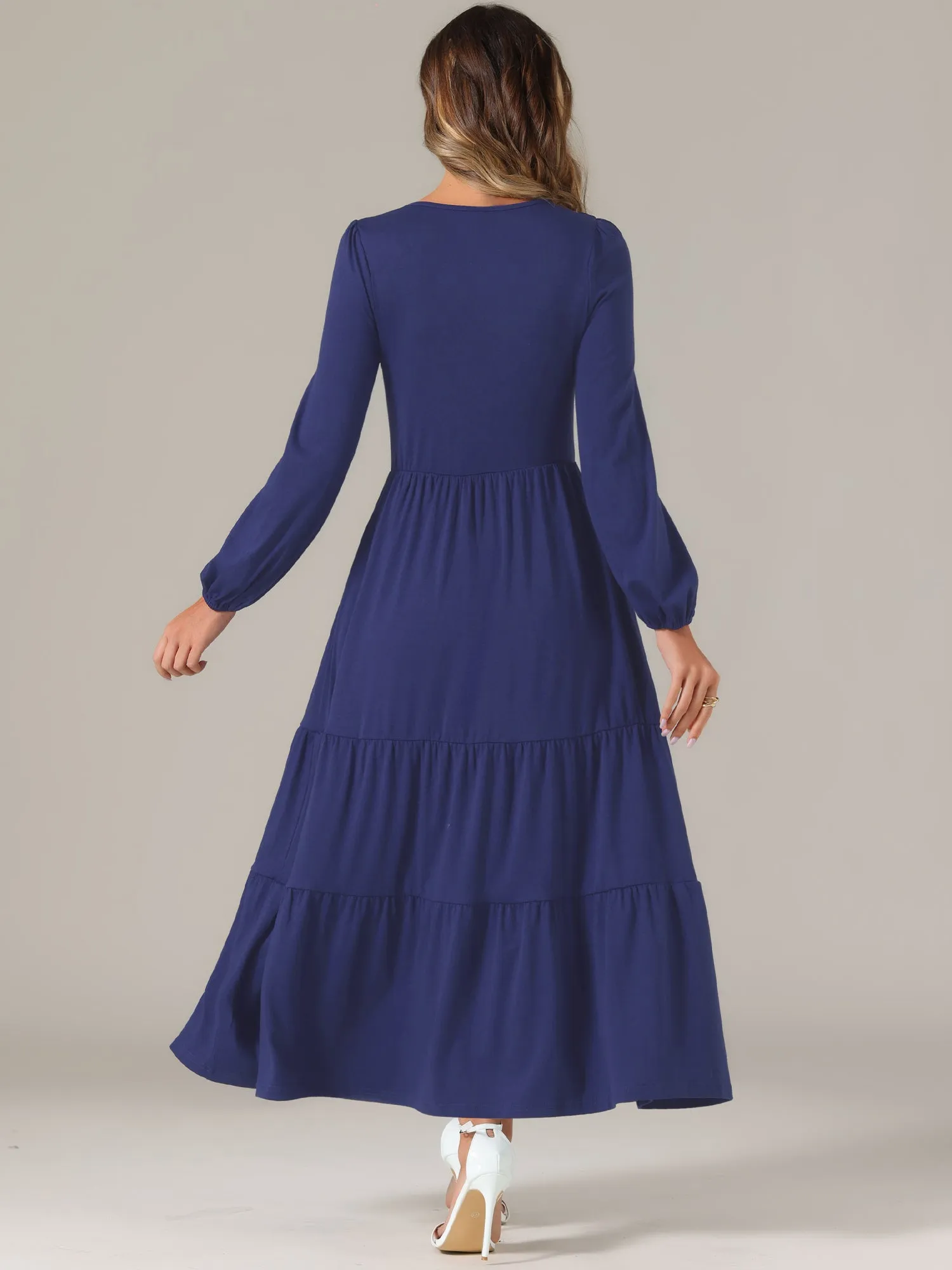 Crew Neck Long Sleeve Pockets Tiered A-Line Maxi Dress sold by Allegra K product image thumbnail 3
