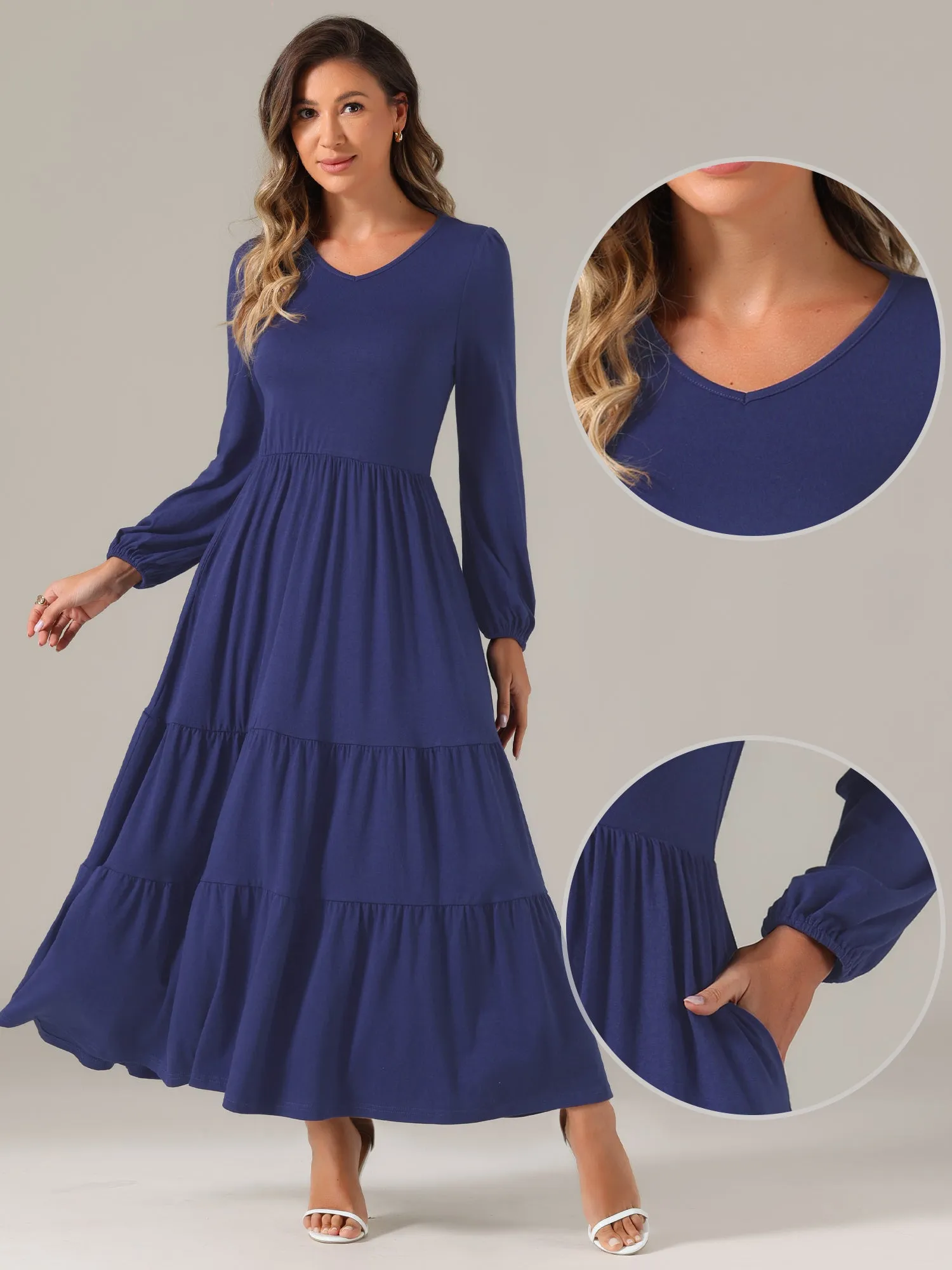 Crew Neck Long Sleeve Pockets Tiered A-Line Maxi Dress sold by Allegra K product image thumbnail 2